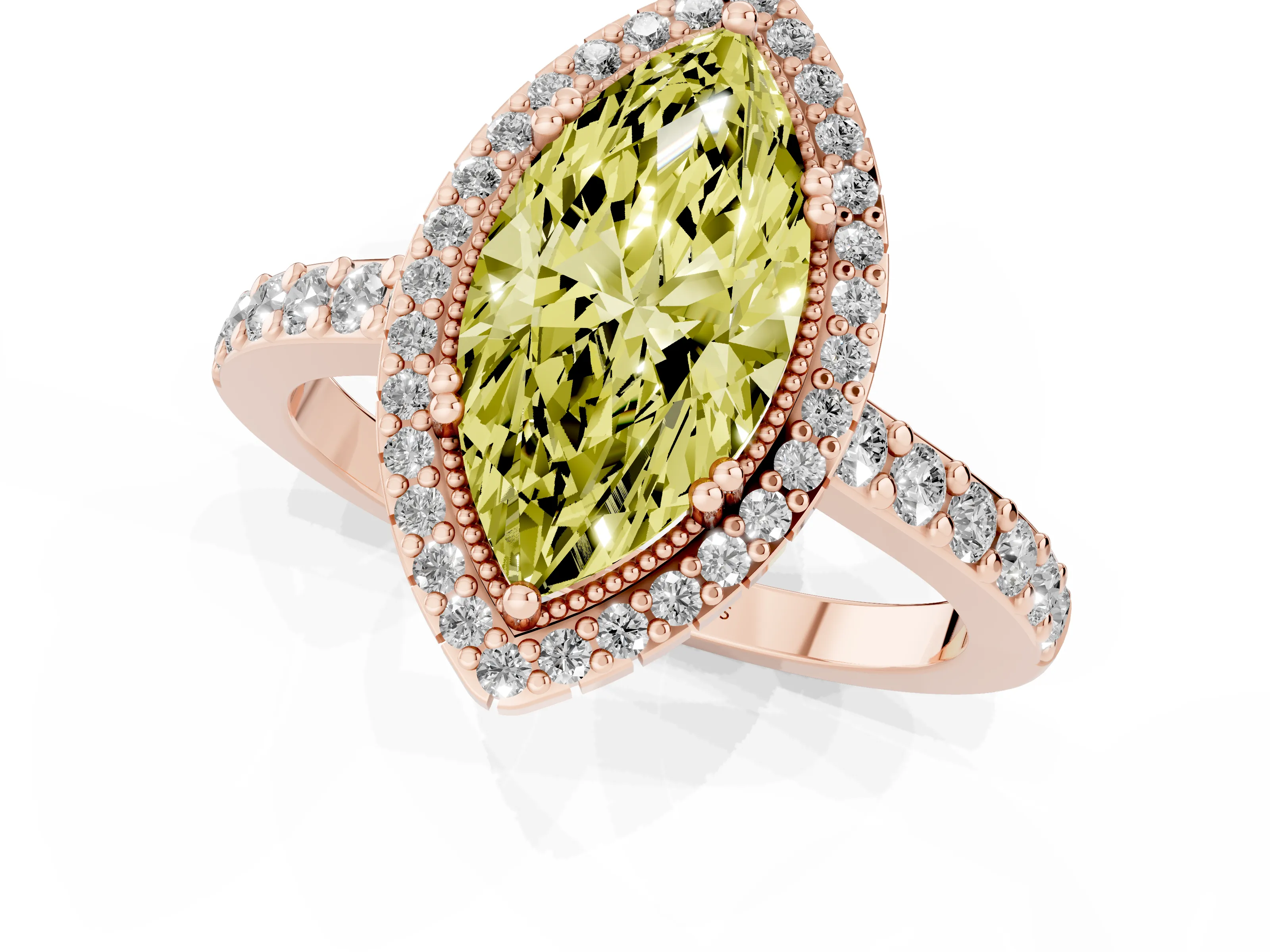 Fancy Yellow Marquise Cut Diamond Halo Engagement Ring Set in Rose gold with Milgrain Detail and Pavé Band