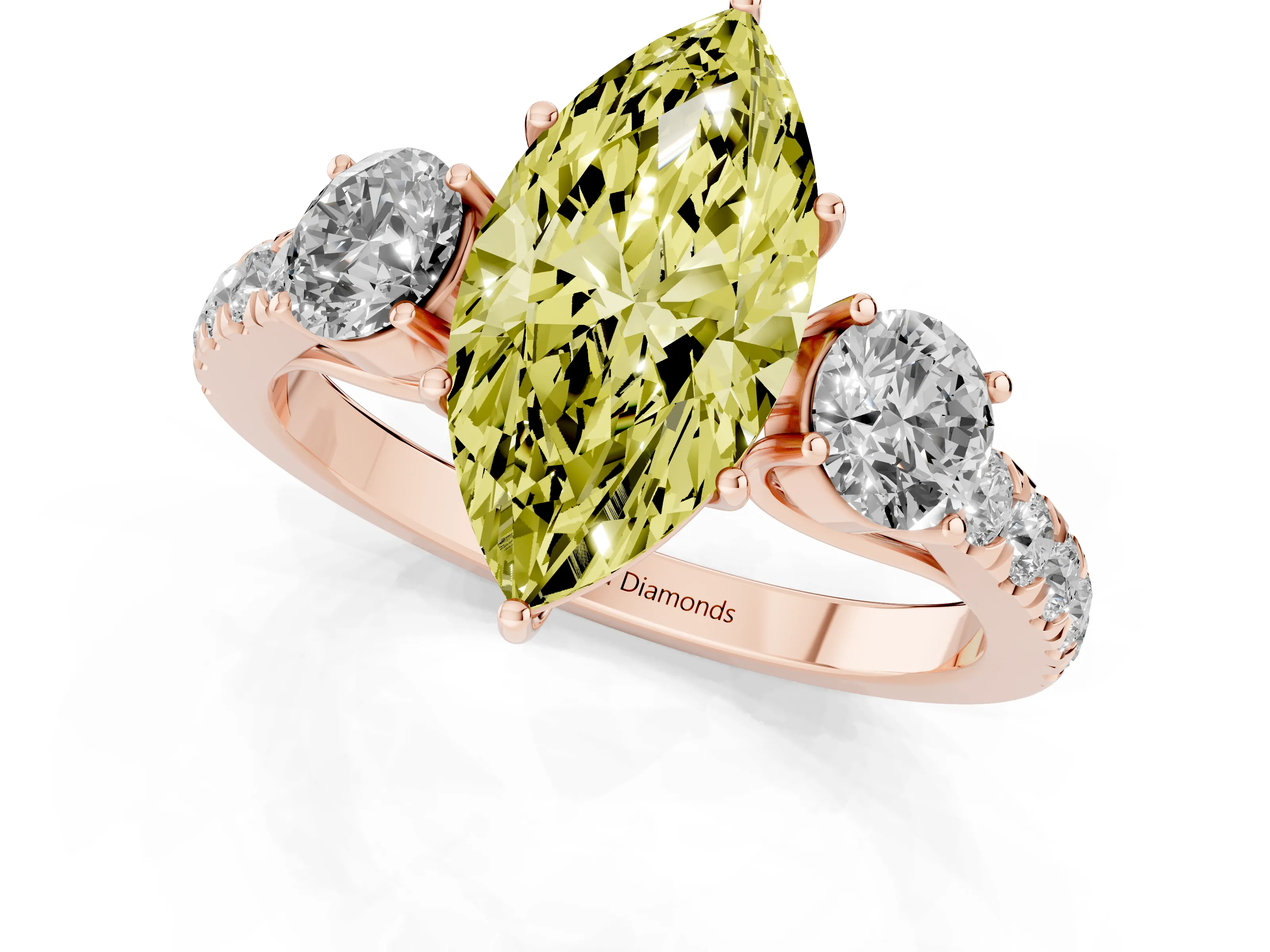 Fancy Yellow Marquise Cut Diamond Three-Stone Ring Set in Rose gold with Round Side Stones and Delicate Pavé Band