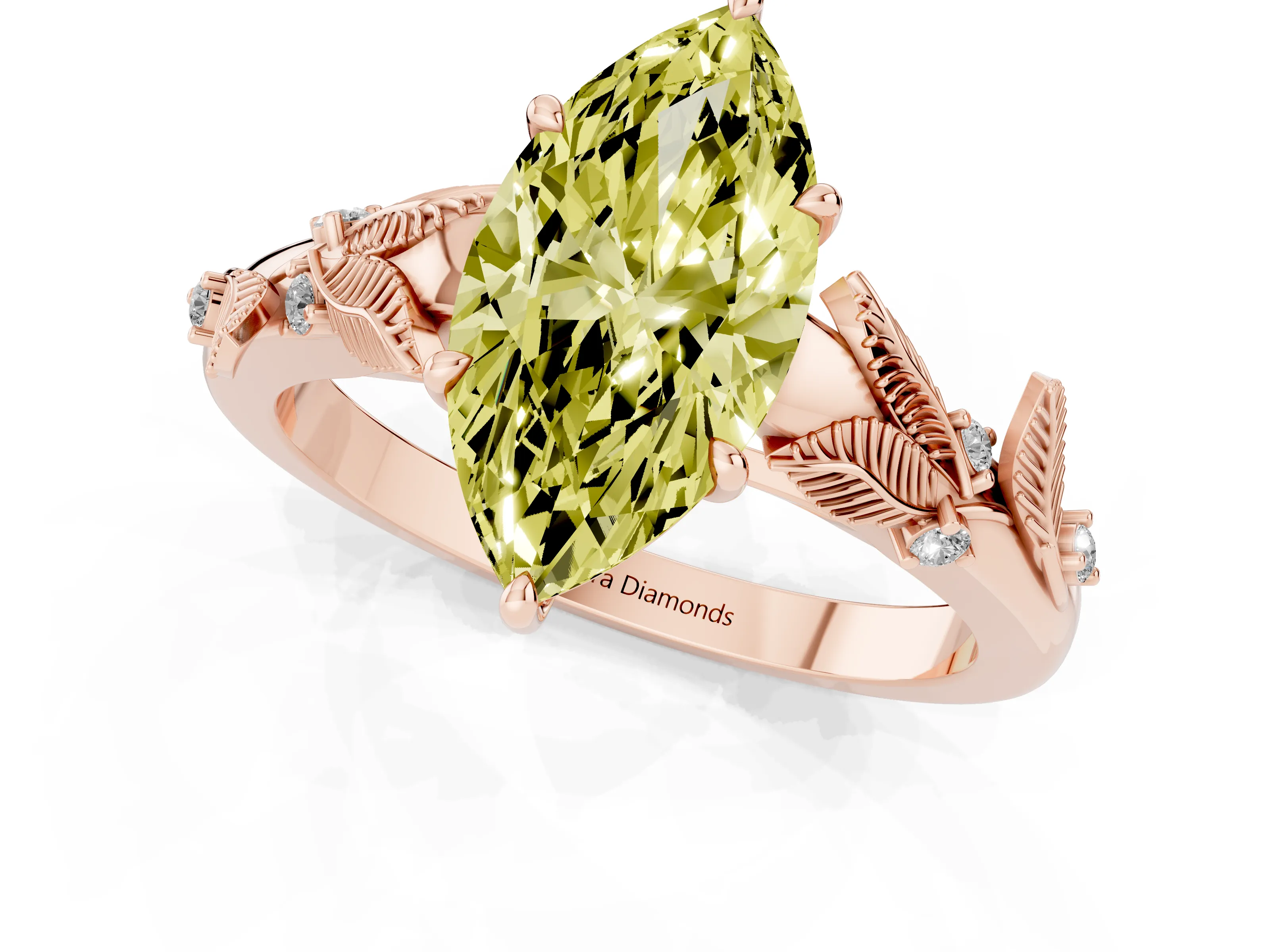 Fancy Yellow Marquise Cut Diamond Solitaire Ring Set in Rose gold with Leaf Motif Band