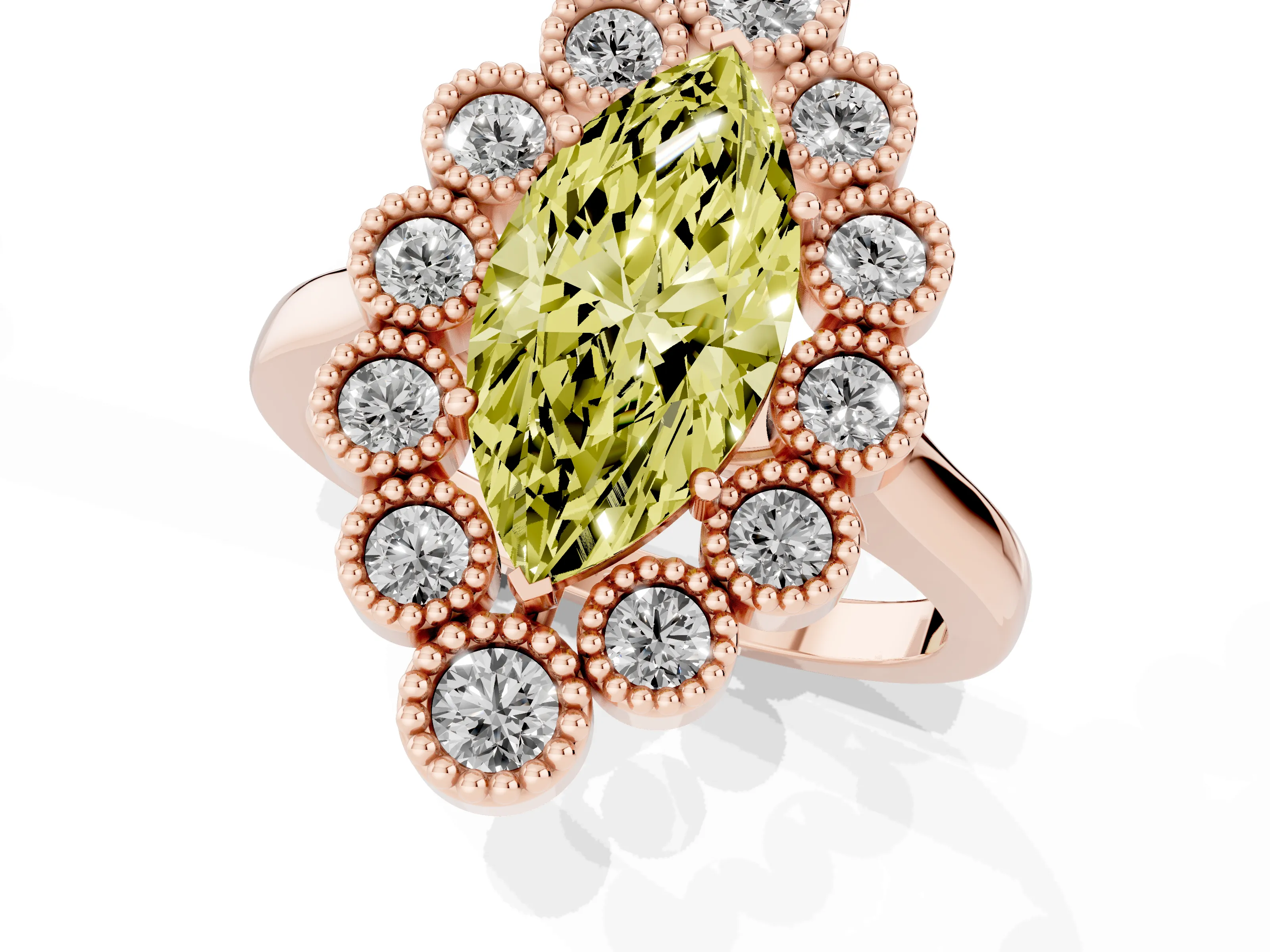 Fancy Yellow Marquise Cut Diamond Cluster Halo Ring Set in Rose gold with Milgrain Bezel Accents and Plain Band