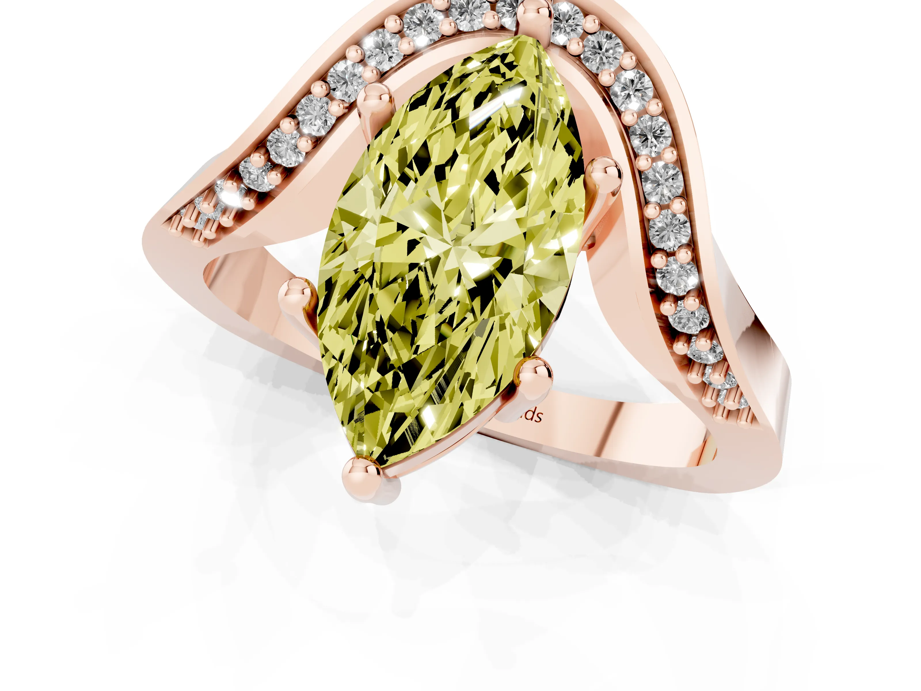 Fancy Yellow Marquise Cut Diamond Solitaire Engagement Ring Set in Rose gold with Pavé Shoulders