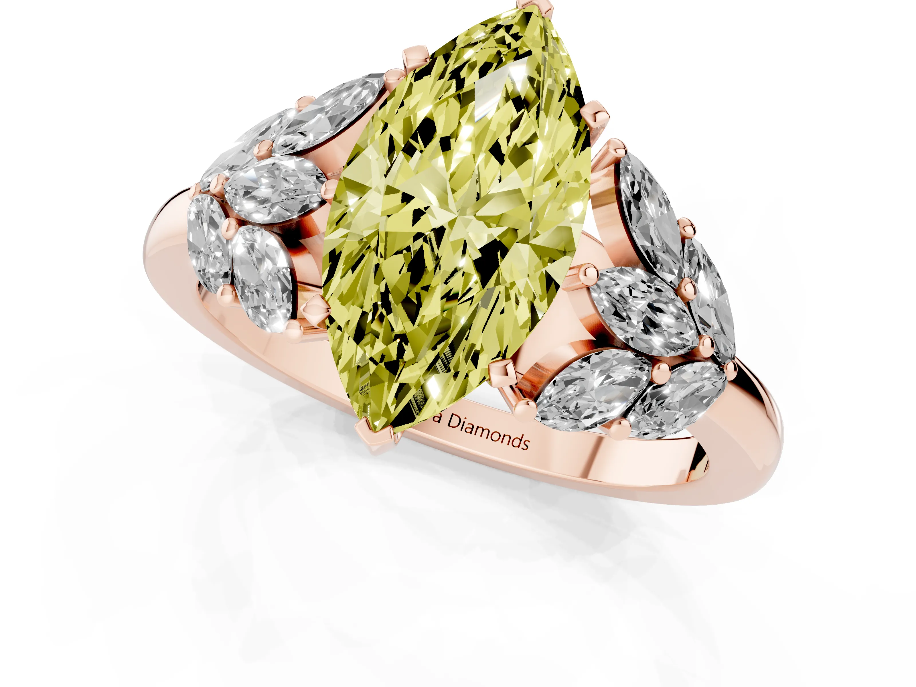 Fancy Yellow Marquise Cut Diamond Cluster Leaf Design Ring Set in Rose gold with Prong Setting