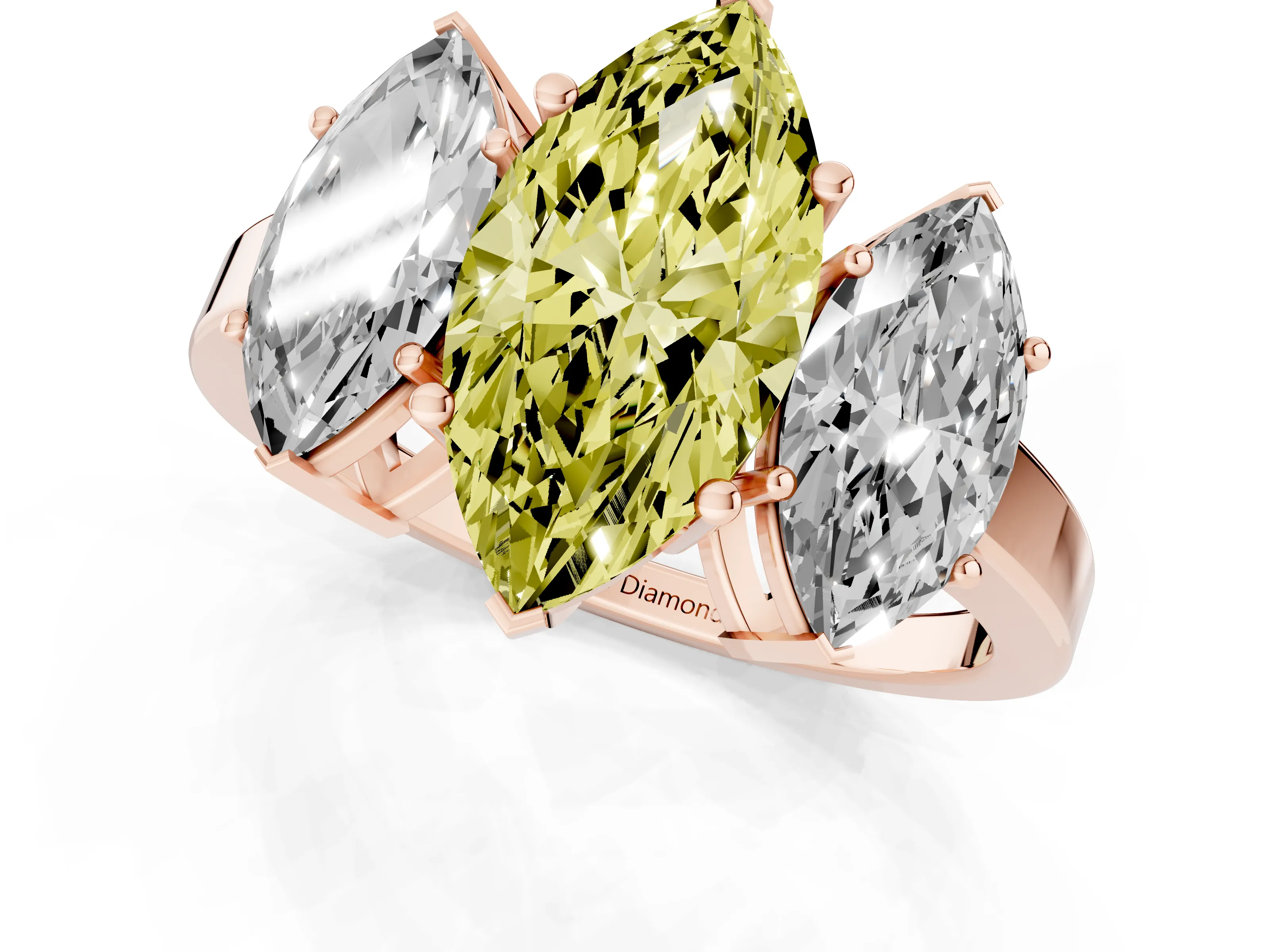 Fancy Yellow Marquise Cut Diamond Three-Stone Engagement Ring Set in Rose gold with Flat Band