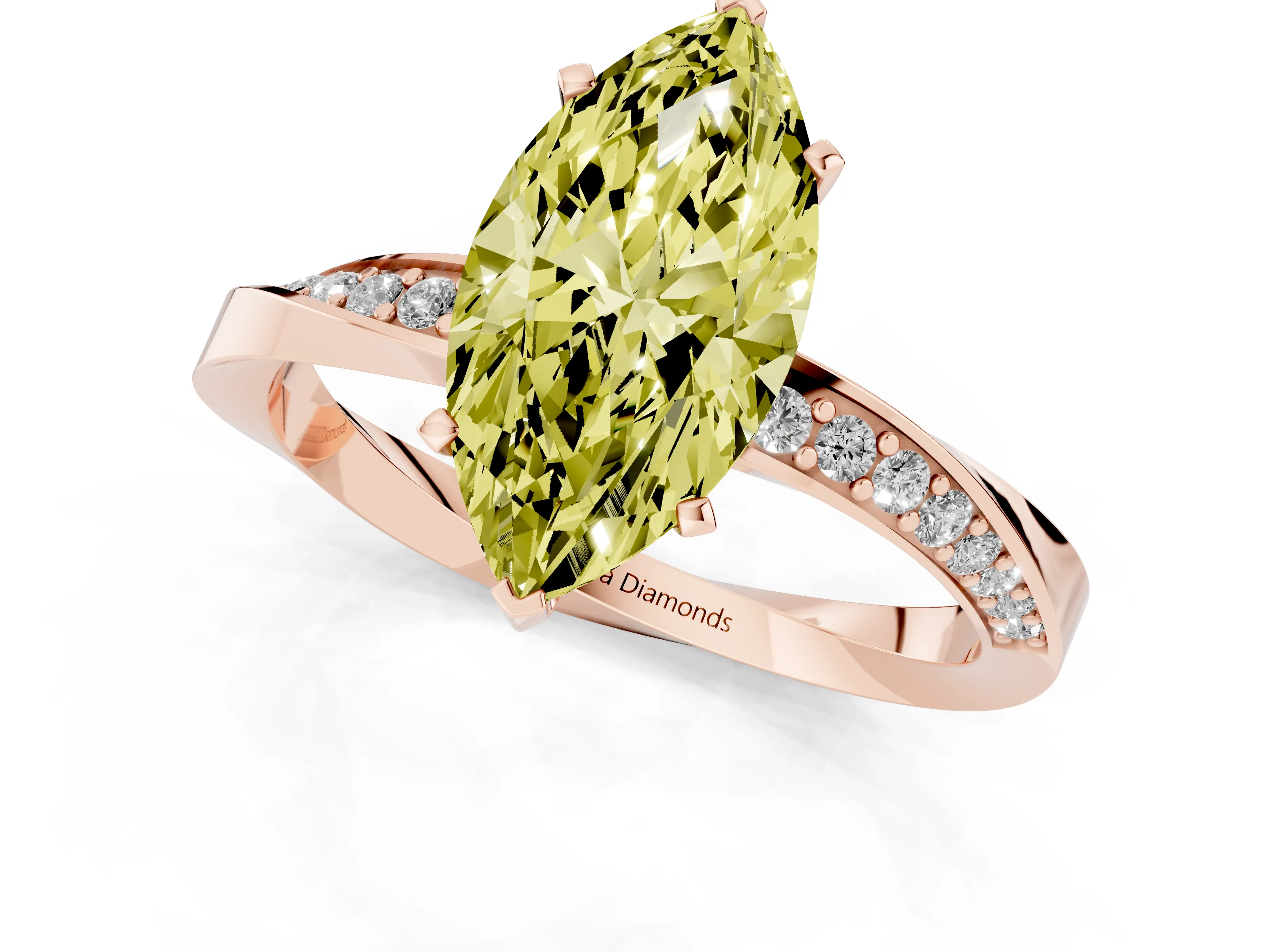 Fancy Yellow Marquise Cut Diamond Engagement Ring Set in Rose gold with Side Stone Accents and Prong Setting