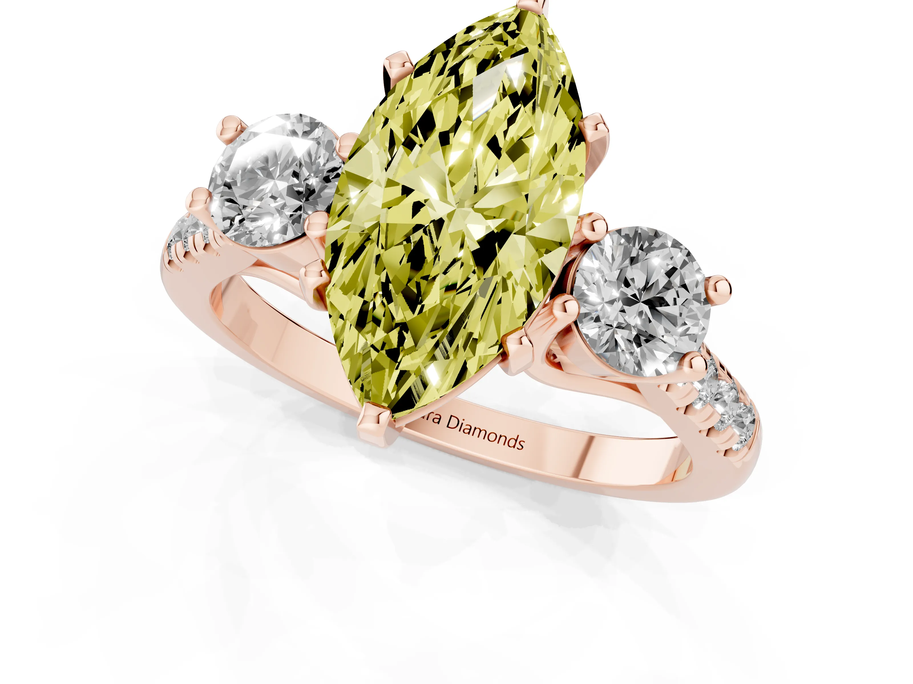 Fancy Yellow Three-Stone Marquise Cut Diamond Pavé Band Ring Set in Rose gold with Prong-Set Trio