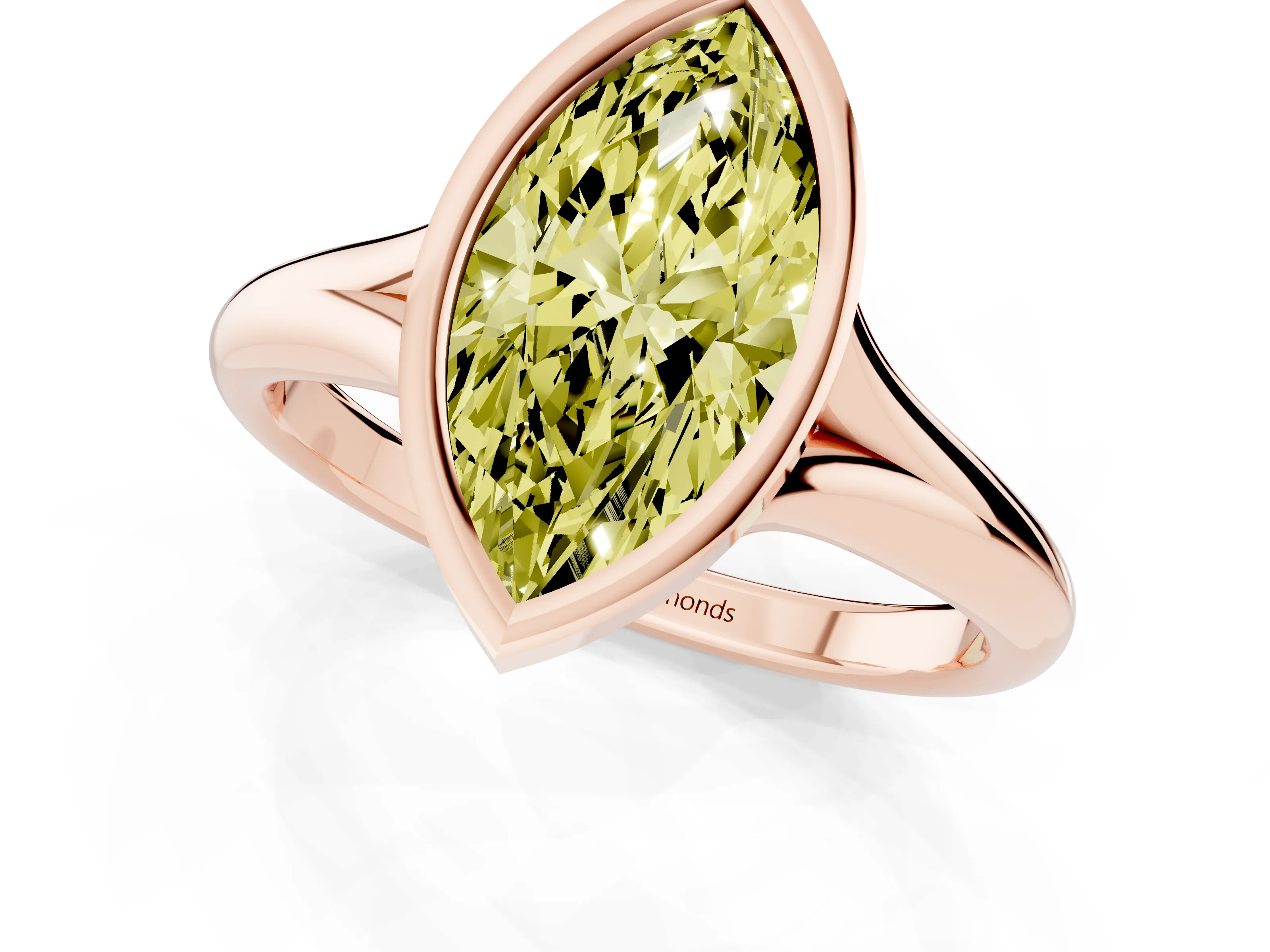 Fancy Yellow Bezel Set Marquise Cut Diamond Solitaire Ring Set in Rose gold with Smooth Band