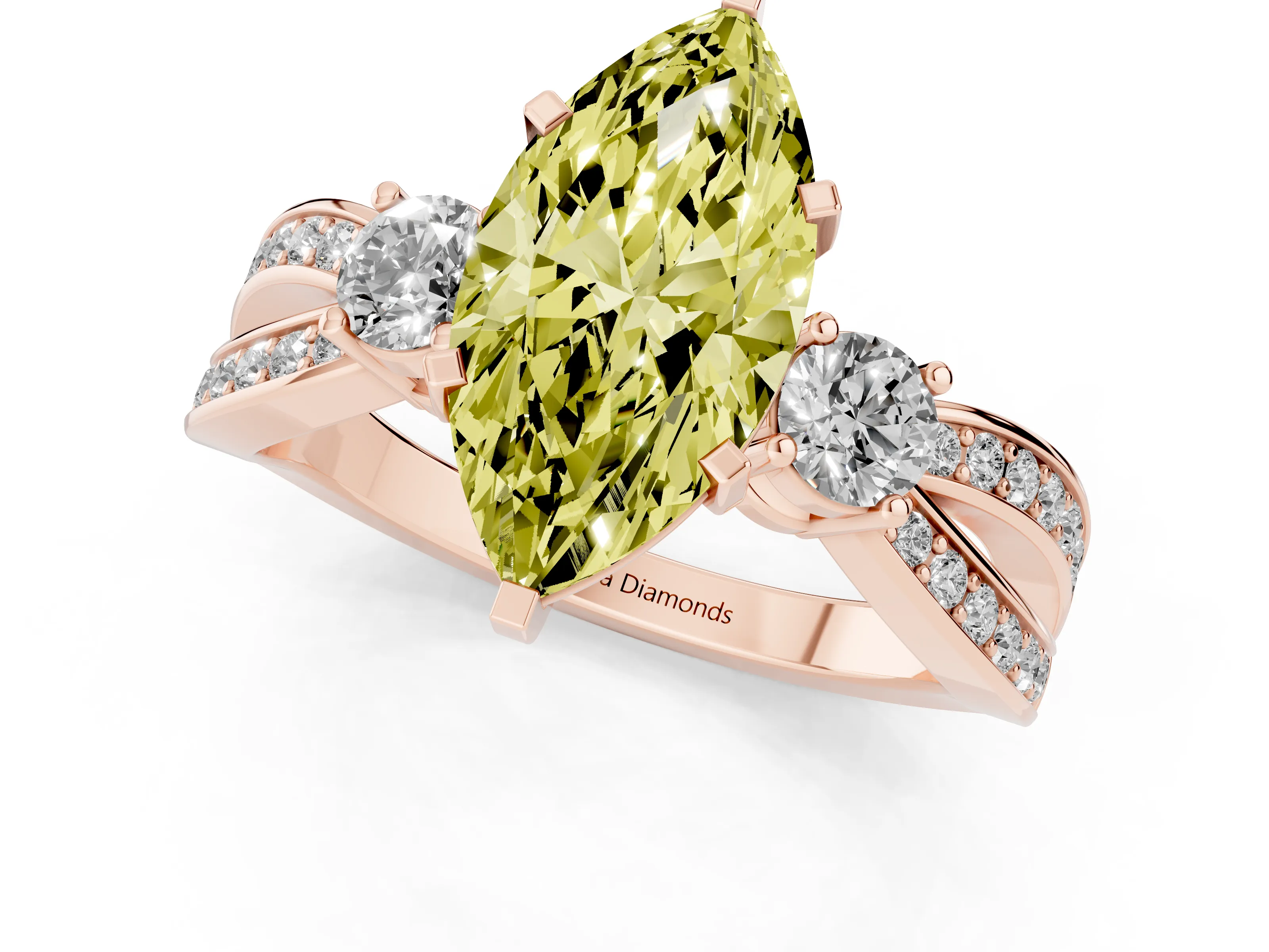 Fancy Yellow Three-Stone Marquise Cut Diamond Twist Band Ring Set in Rose gold with Pavé Accents and Prong Setting