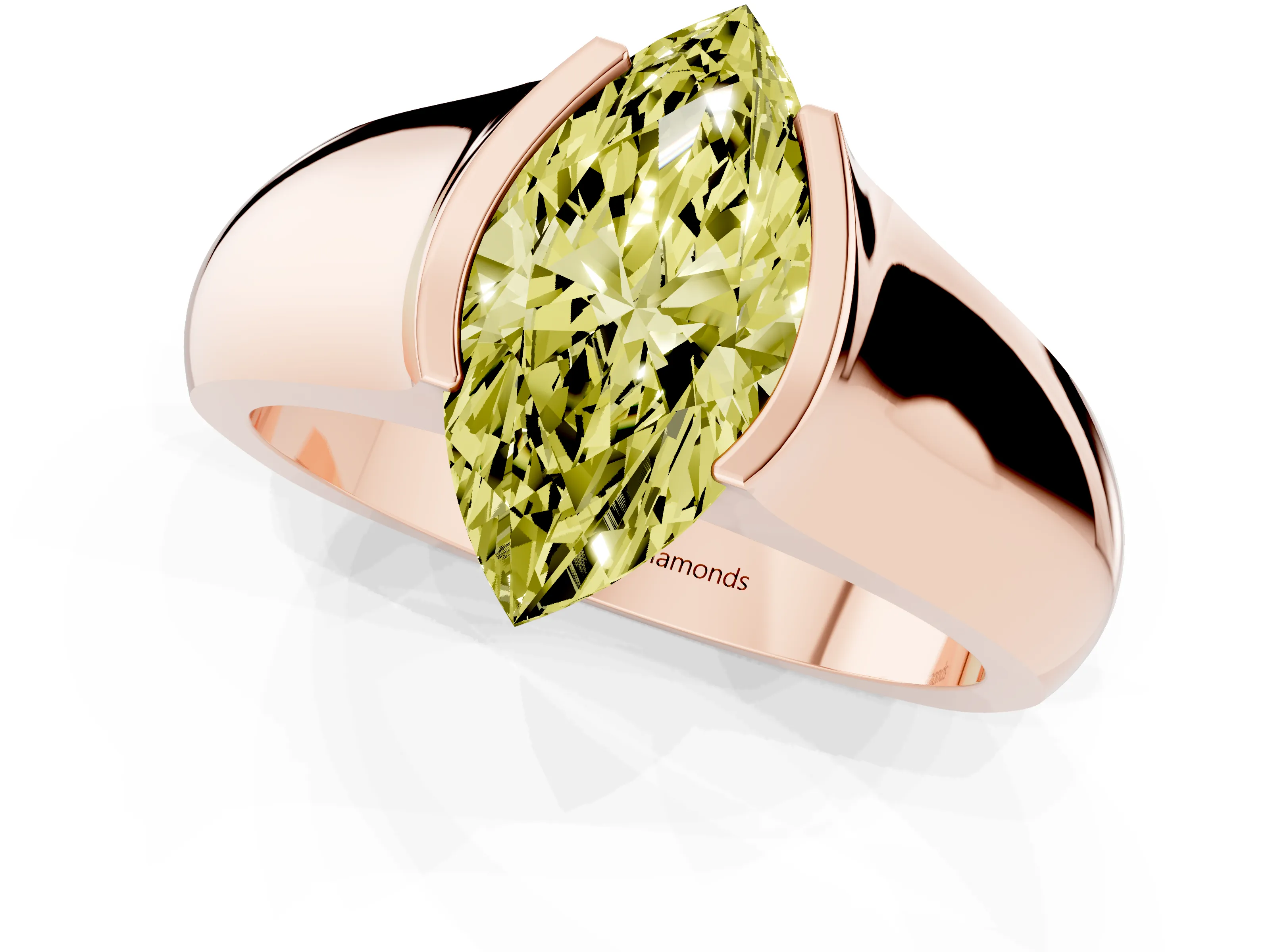 Fancy Yellow Marquise Cut Diamond Bezel Solitaire Ring Set in Rose gold with Wide Band