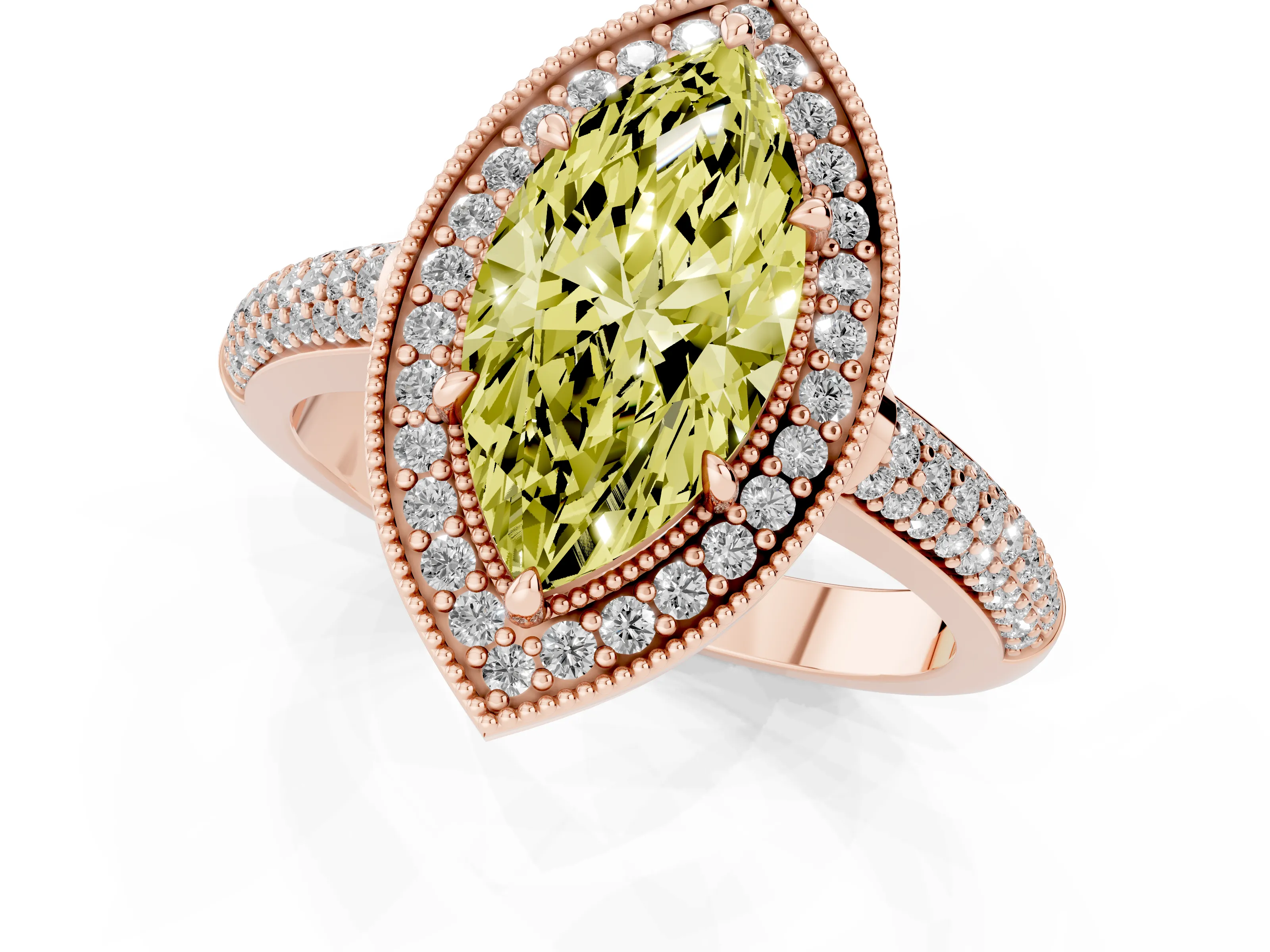 Fancy Yellow Marquise Cut Diamond Halo Pavé Band Set in Rose gold with Prong Setting