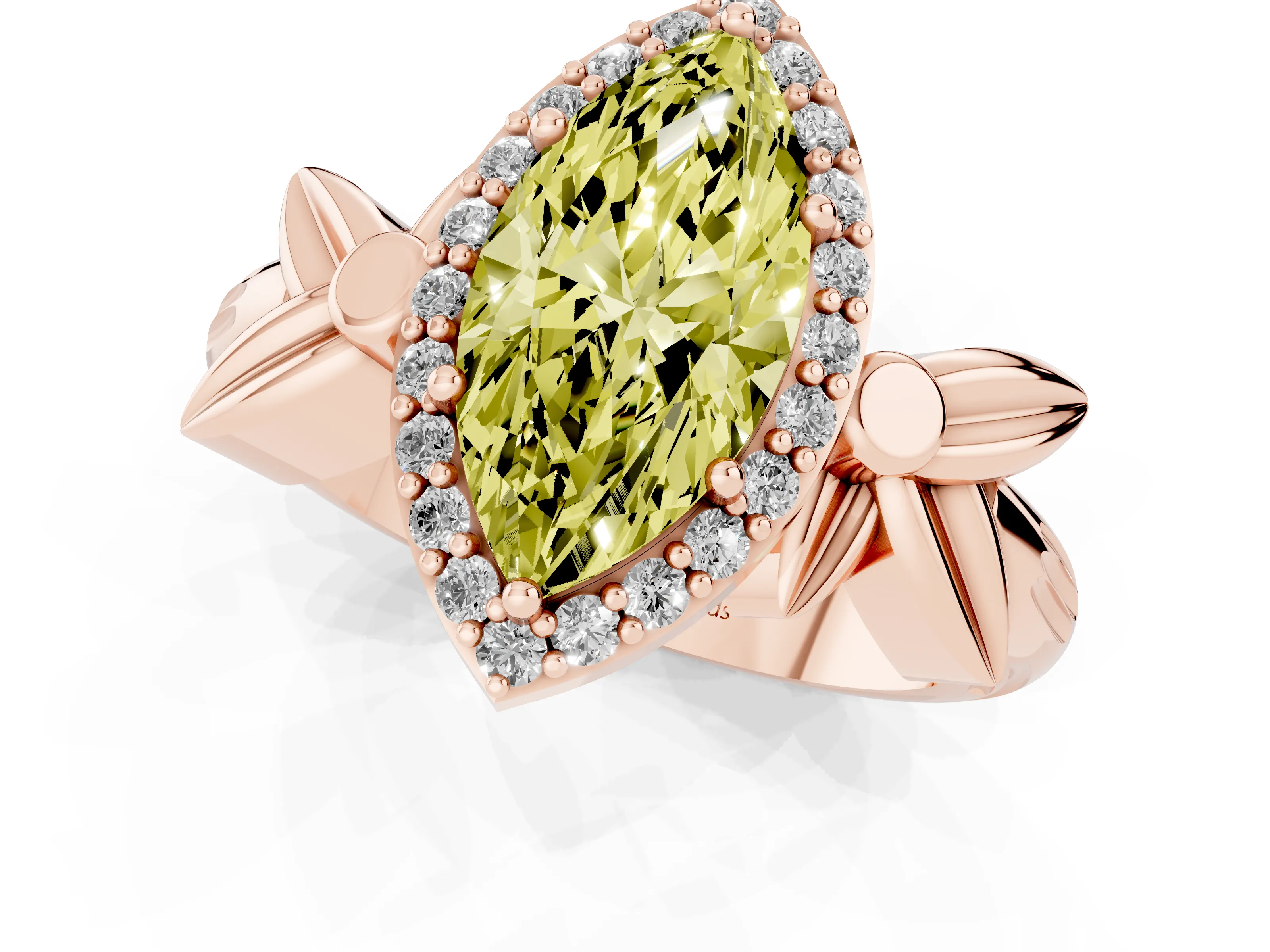 Fancy Yellow Marquise Cut Diamond Halo Floral Band Ring Set in Rose gold with Prong Setting