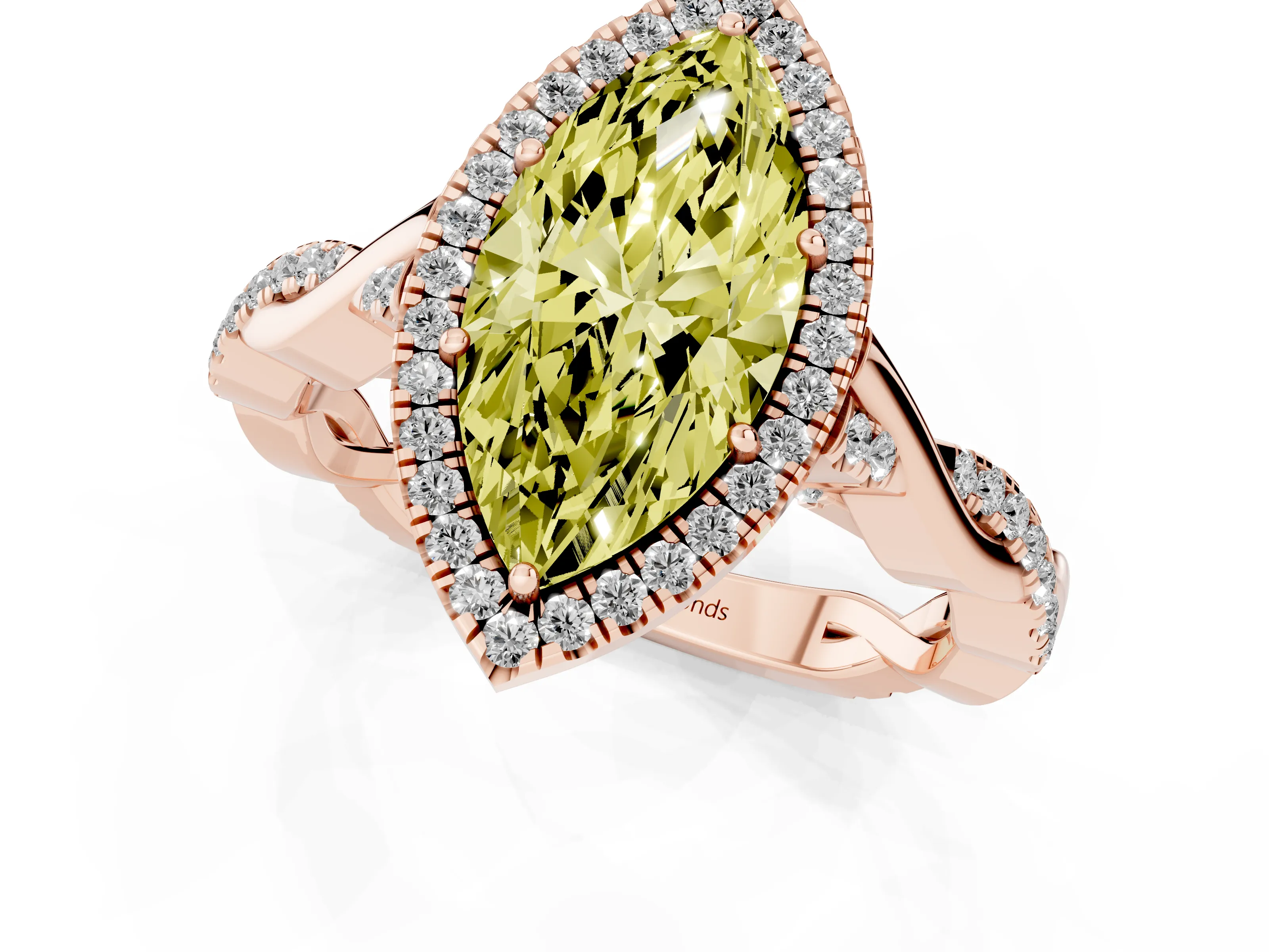 Fancy Yellow Marquise Cut Diamond Halo Twist Band Solitaire Ring Set in Rose gold with Prong Setting