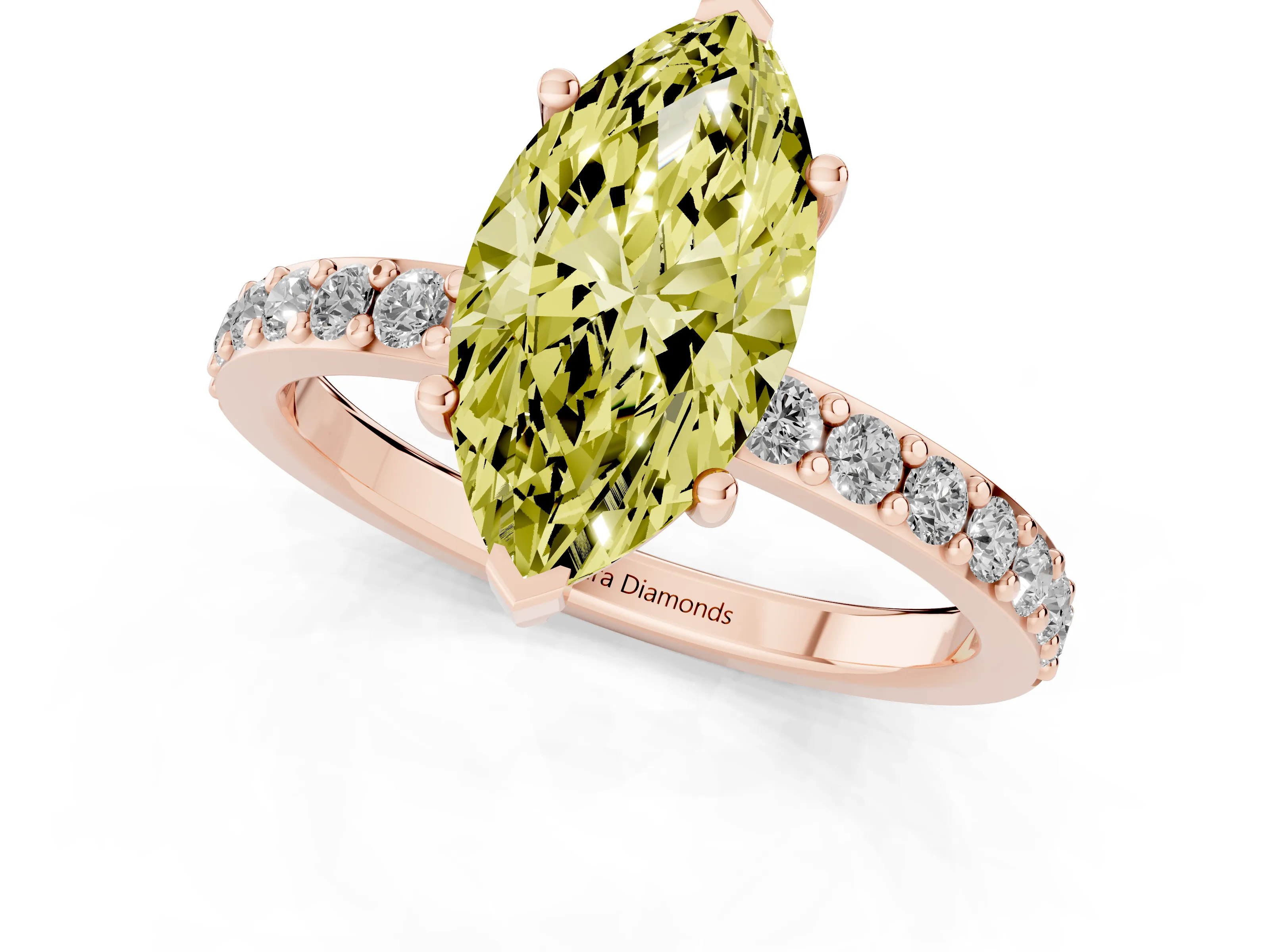 Fancy Yellow Marquise Cut Diamond Solitaire Set in Rose gold with Round Pavé Band and Prong Setting