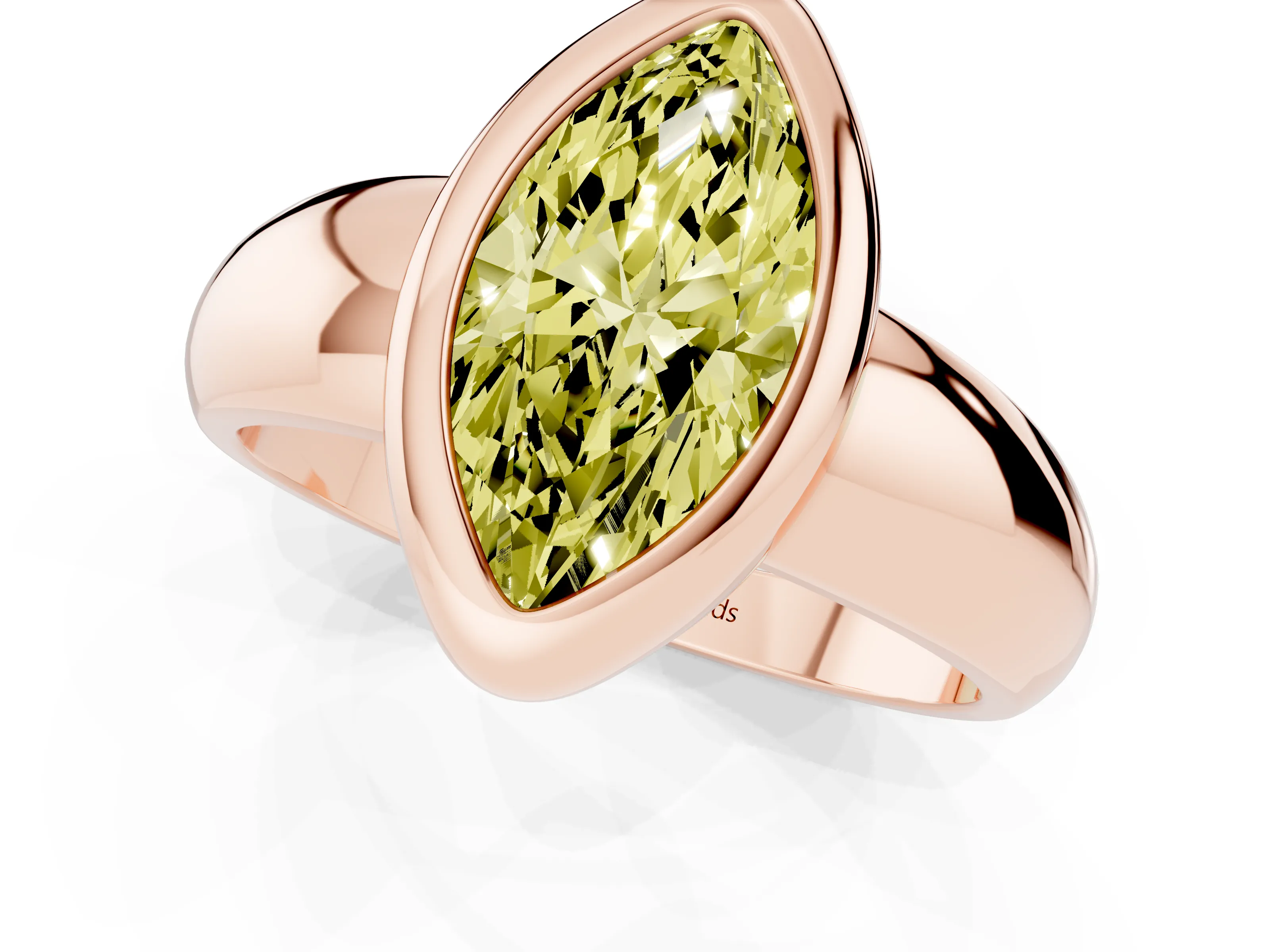 Fancy Yellow Bezel Set Marquise Cut Diamond Solitaire Ring Set in Rose gold with Wide Band