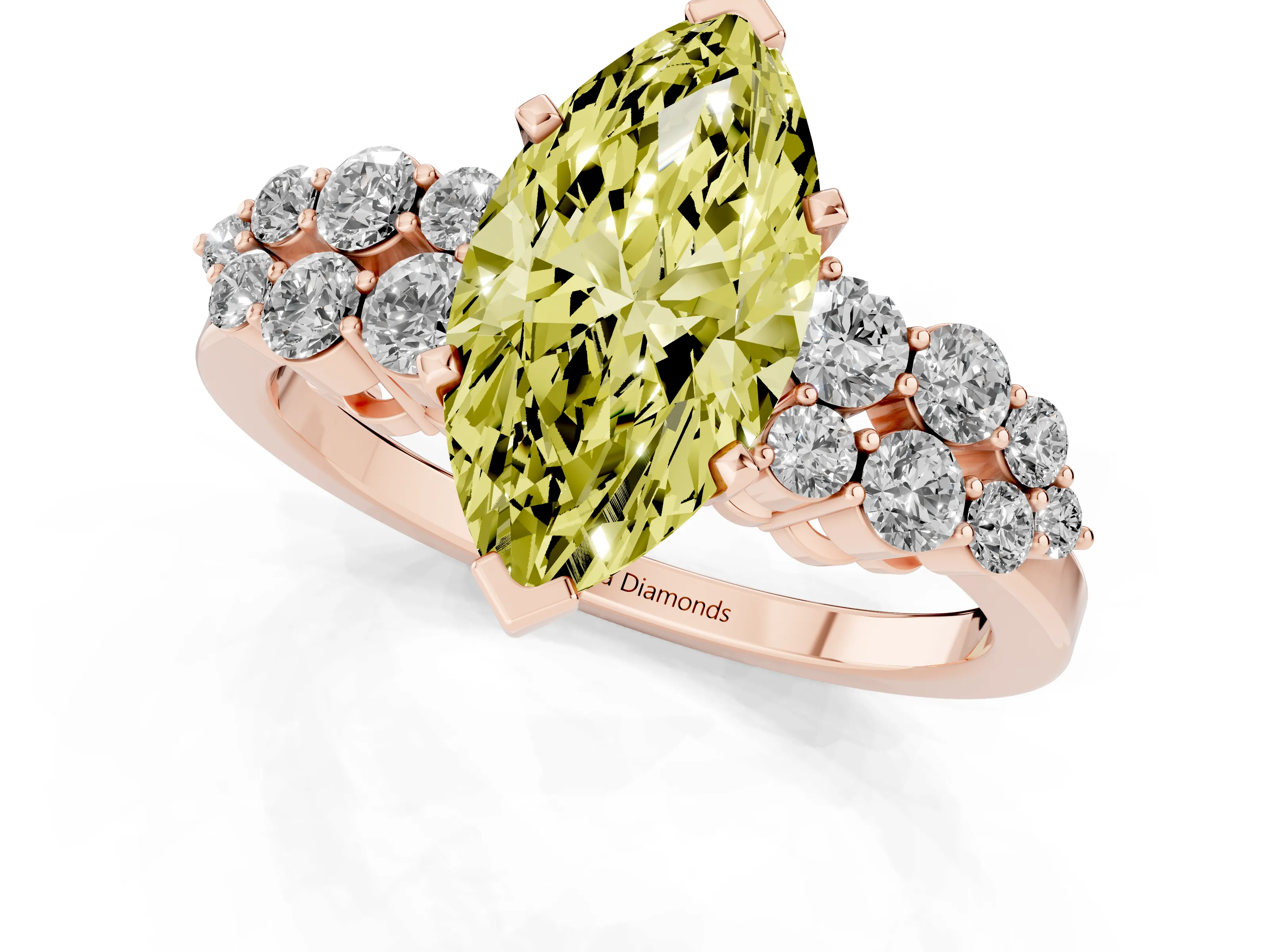 Fancy Yellow Marquise Cut Diamond Cluster Engagement Ring Set in Rose gold with Pavé Band and Prong Setting