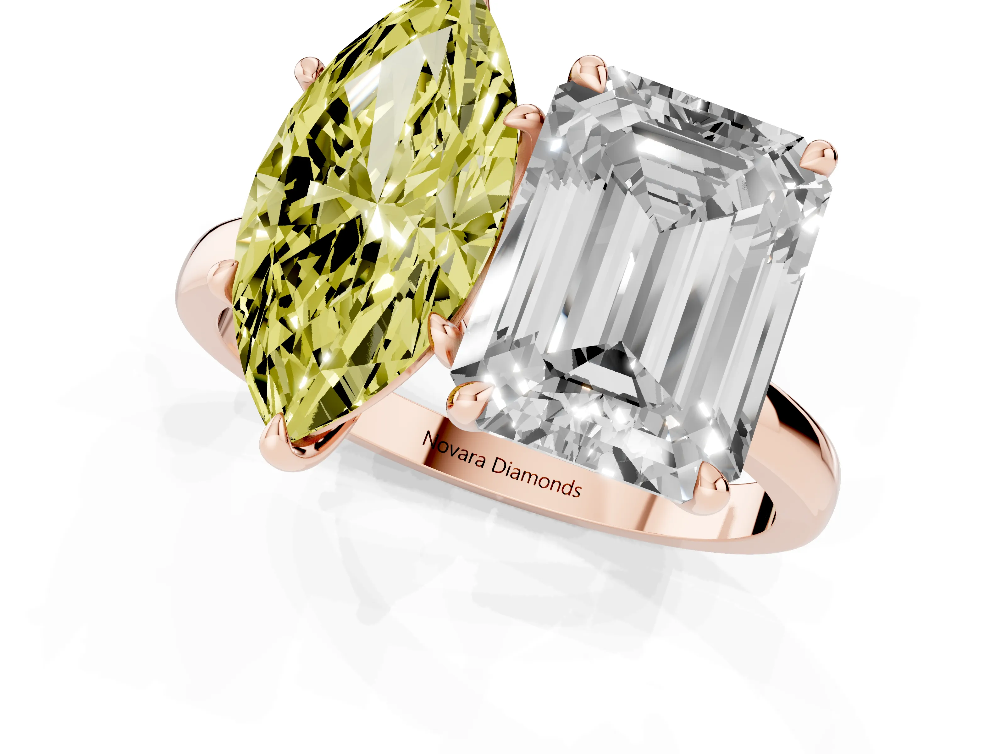 Fancy Yellow Marquise Cut and Emerald Cut Toi Moi Ring Set in Rose gold with Prong Setting