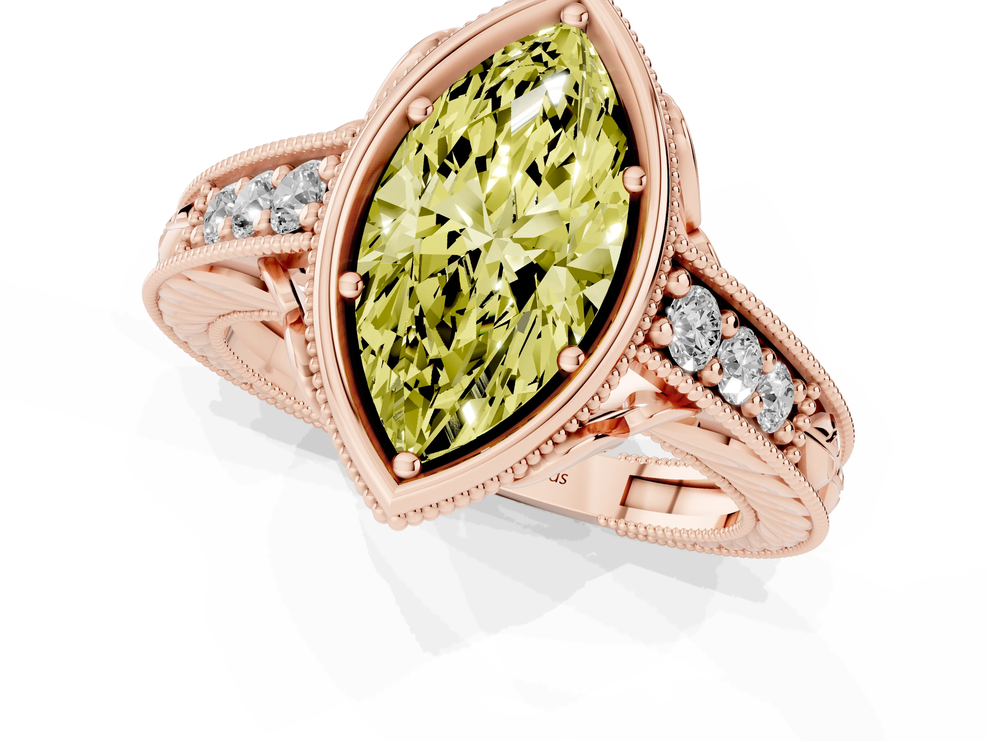 Fancy Yellow Bezel Set Marquise Cut Diamond Milgrain Pavé Engagement Ring Set in Rose gold