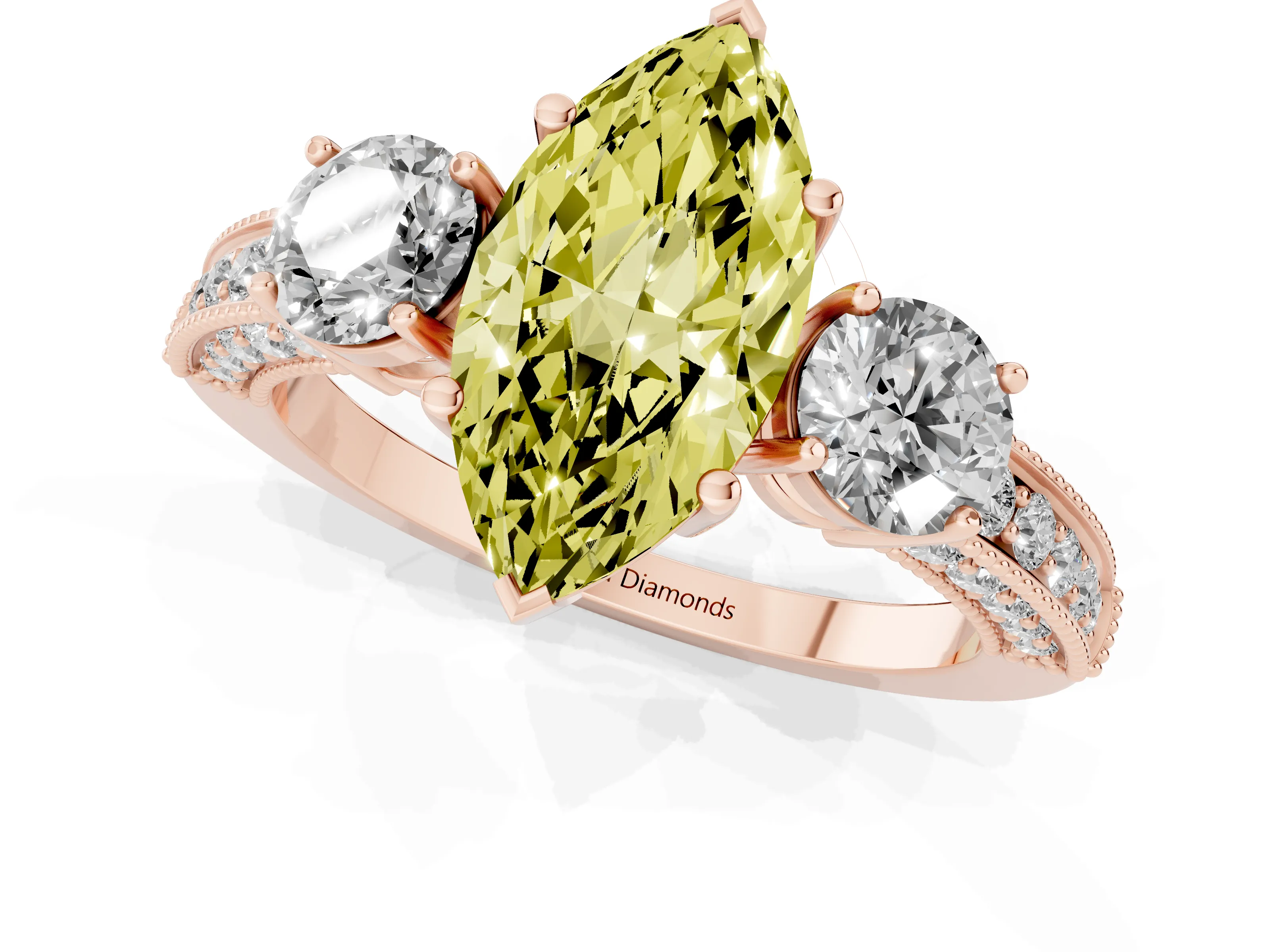 Fancy Yellow Marquise Cut Diamond Three-Stone Ring Set in Rose gold with Round Side Stones and Pavé Band