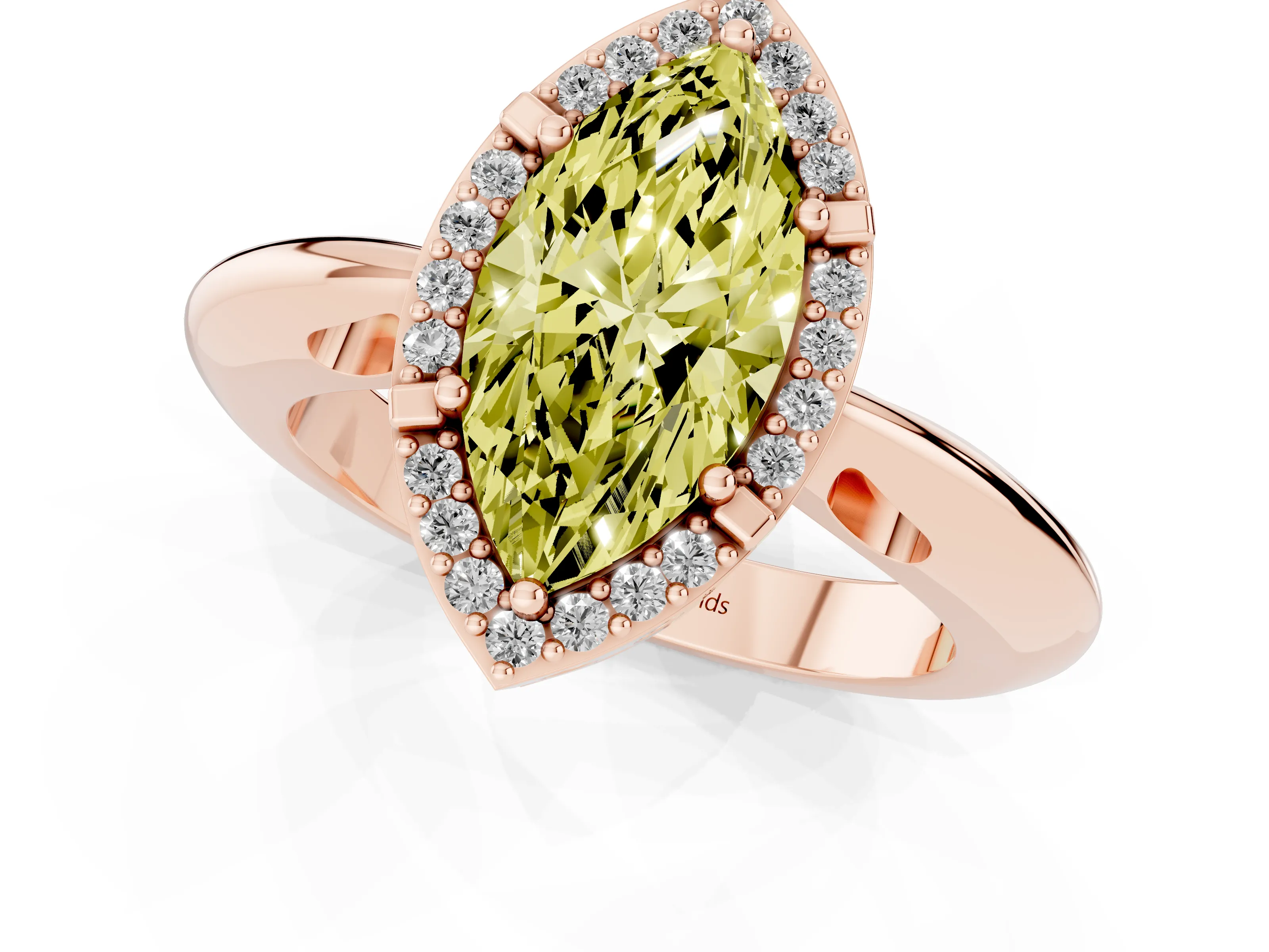 Fancy Yellow Marquise Cut Diamond Halo Engagement Ring Set in Rose gold with Plain Split Shank and Prong Setting