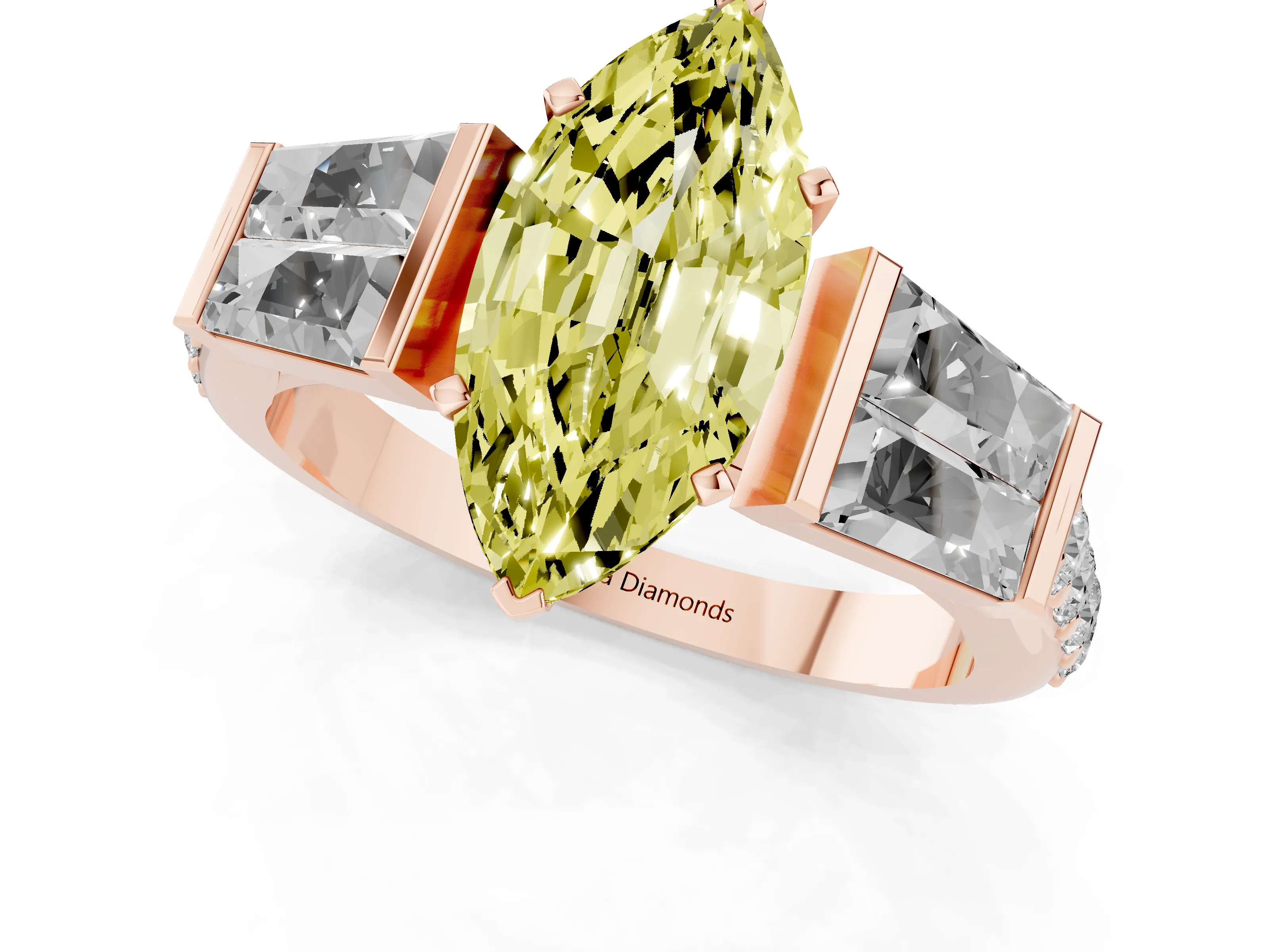 Fancy Yellow Marquise Cut Diamond Engagement Ring Set in Rose gold with Baguette Side Stones and Channel Set Band