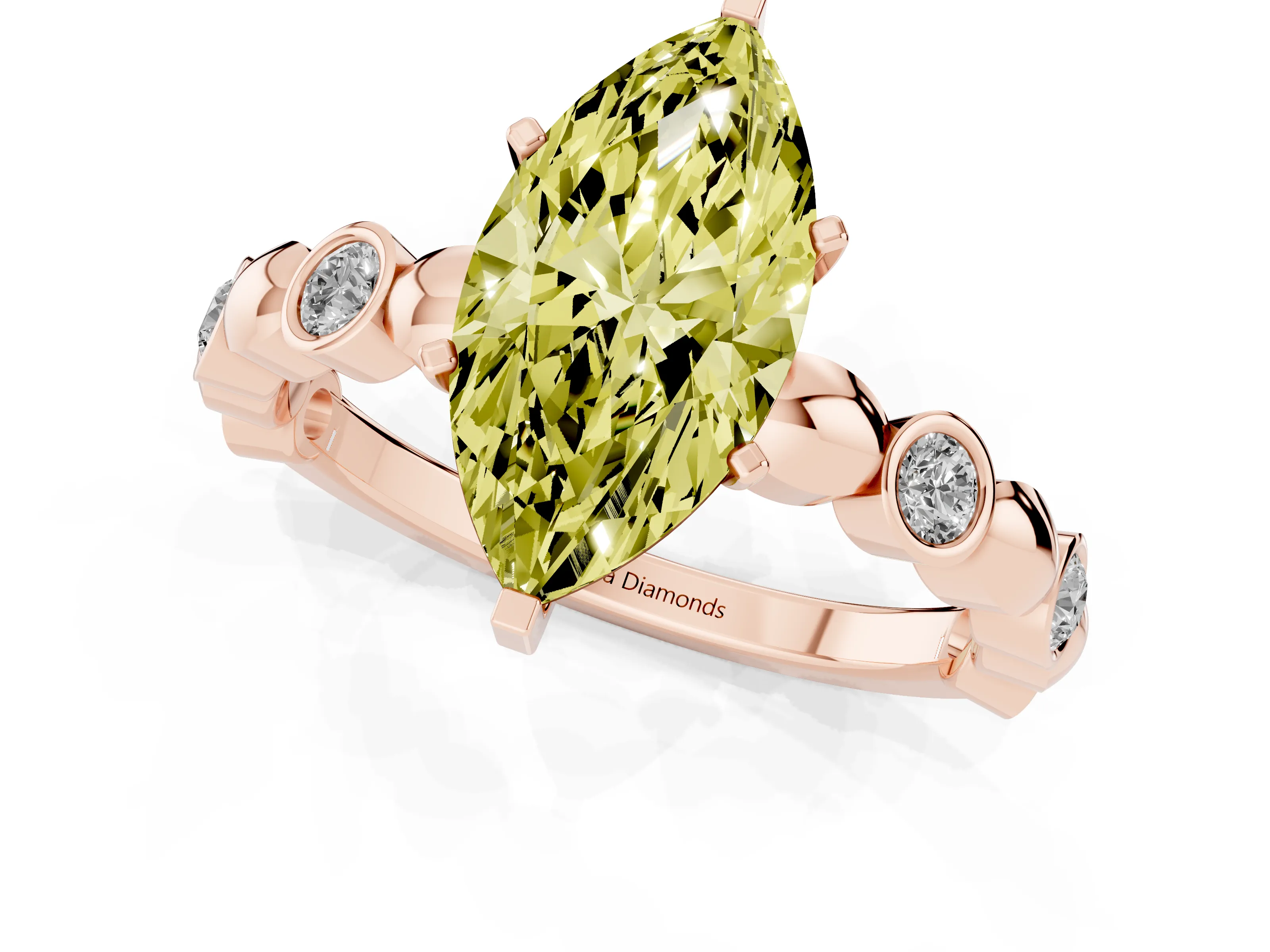 Fancy Yellow Marquise Cut Diamond Solitaire Ring Set in Rose gold with Bezel-Set Accents on Beaded Band and Prong Setting
