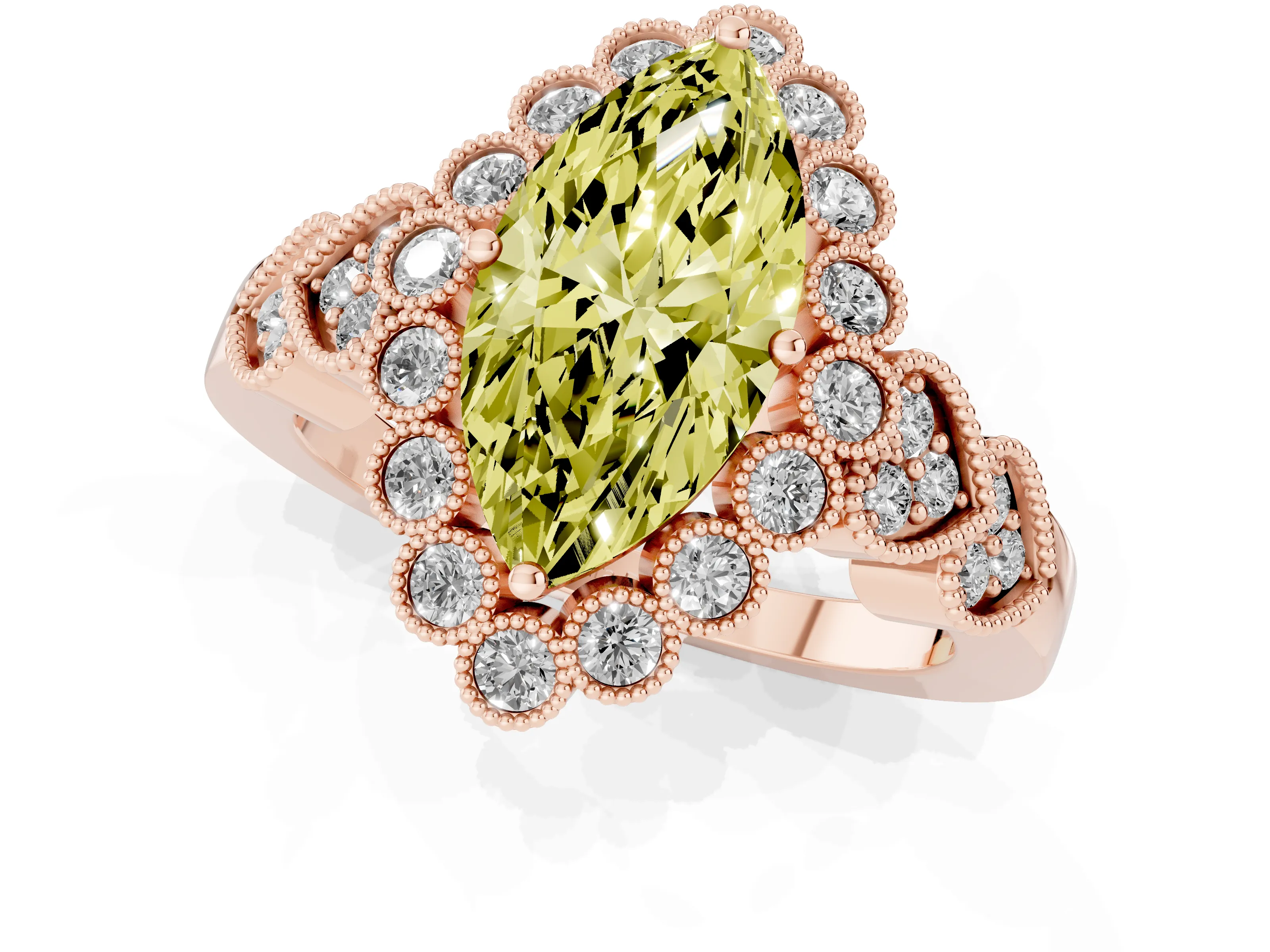 Fancy Yellow Marquise Cut Diamond Solitaire Ring Set in Rose gold with Milgrain Pavé Heart Band