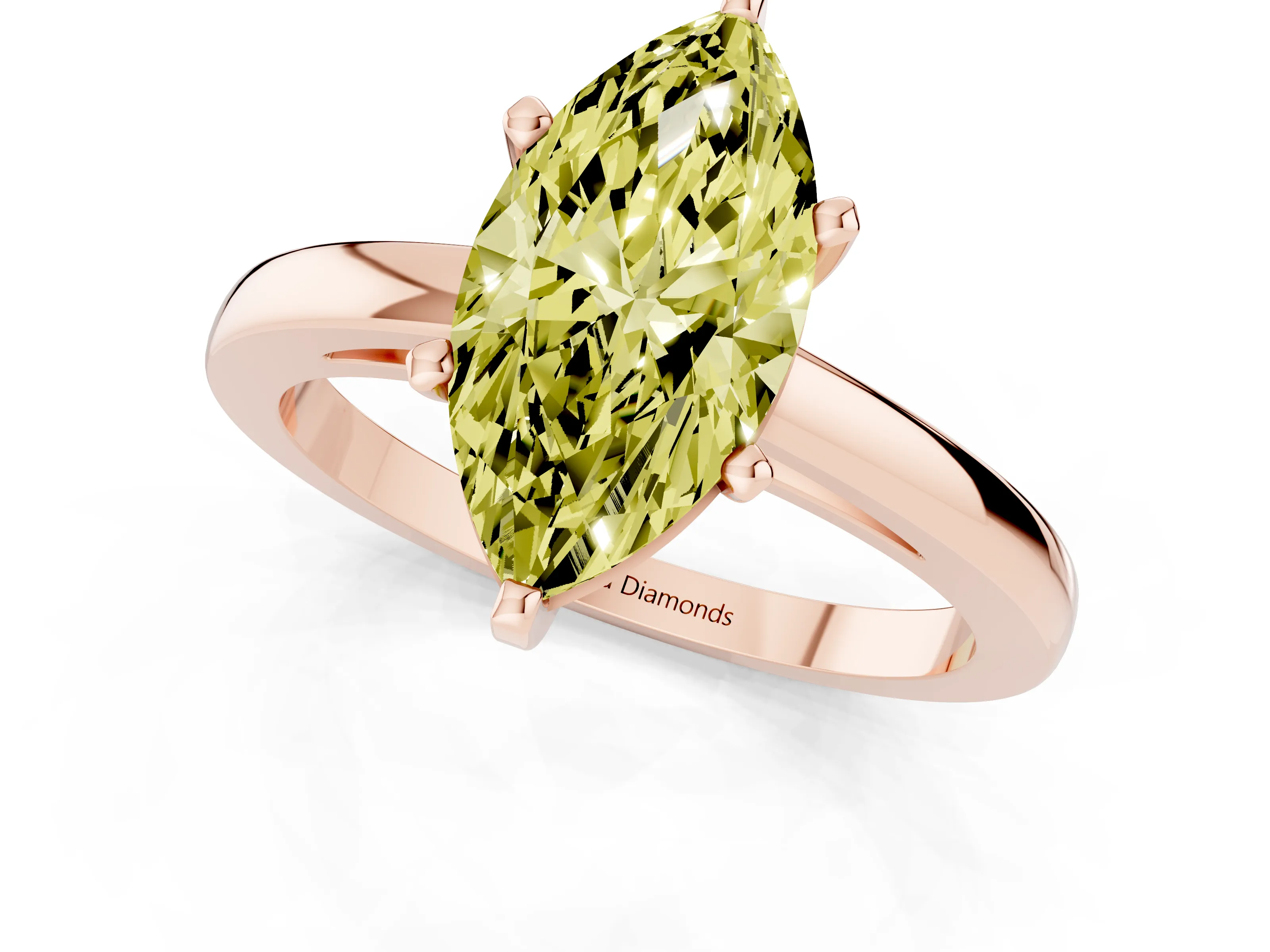 Fancy Yellow Marquise Cut Diamond Solitaire Engagement Ring Set in Rose gold with Prong Setting on a Classic Band