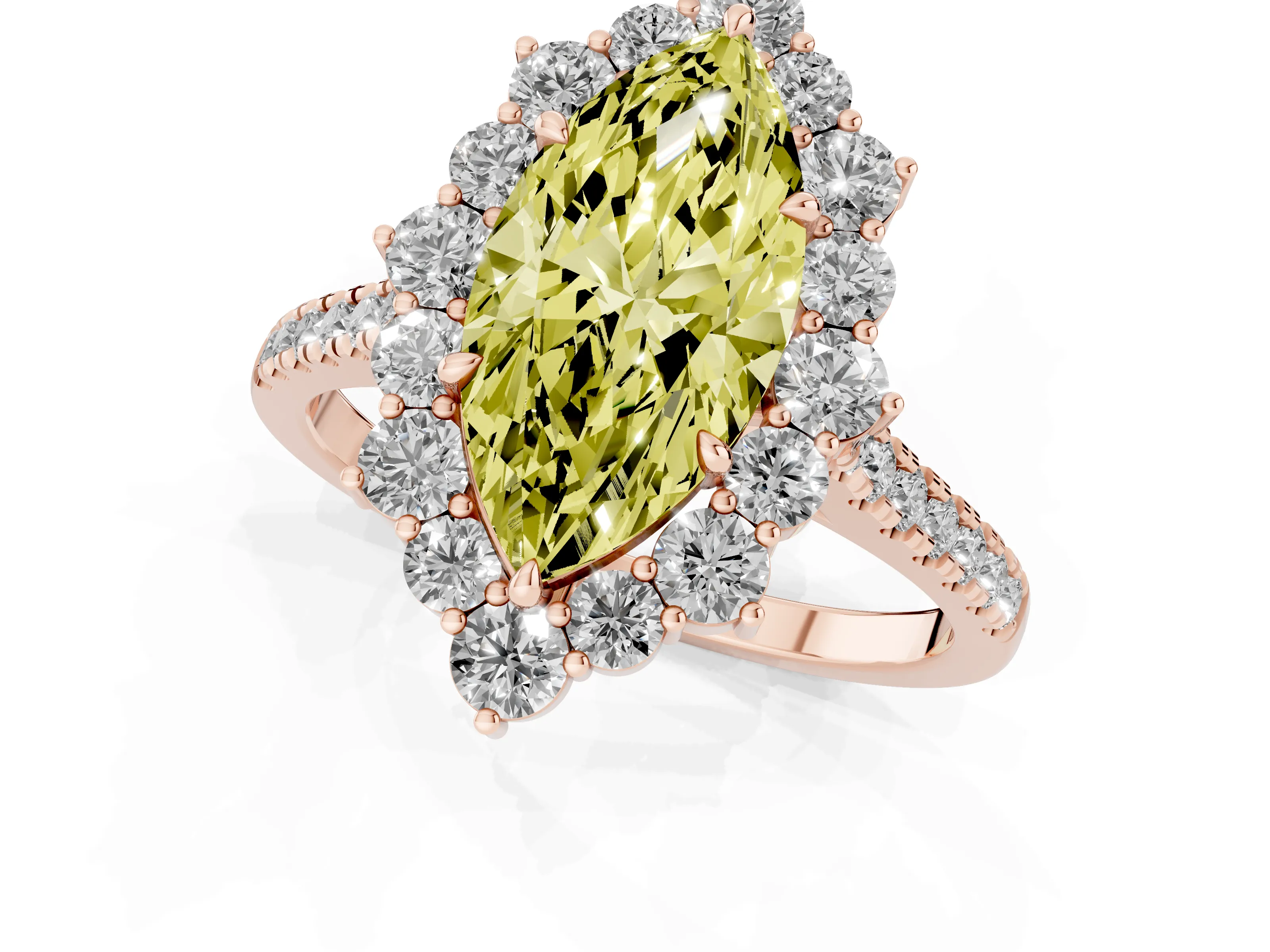 Fancy Yellow Marquise Cut Diamond Halo Ring Set in Rose gold with Pavé Band and Prong Setting