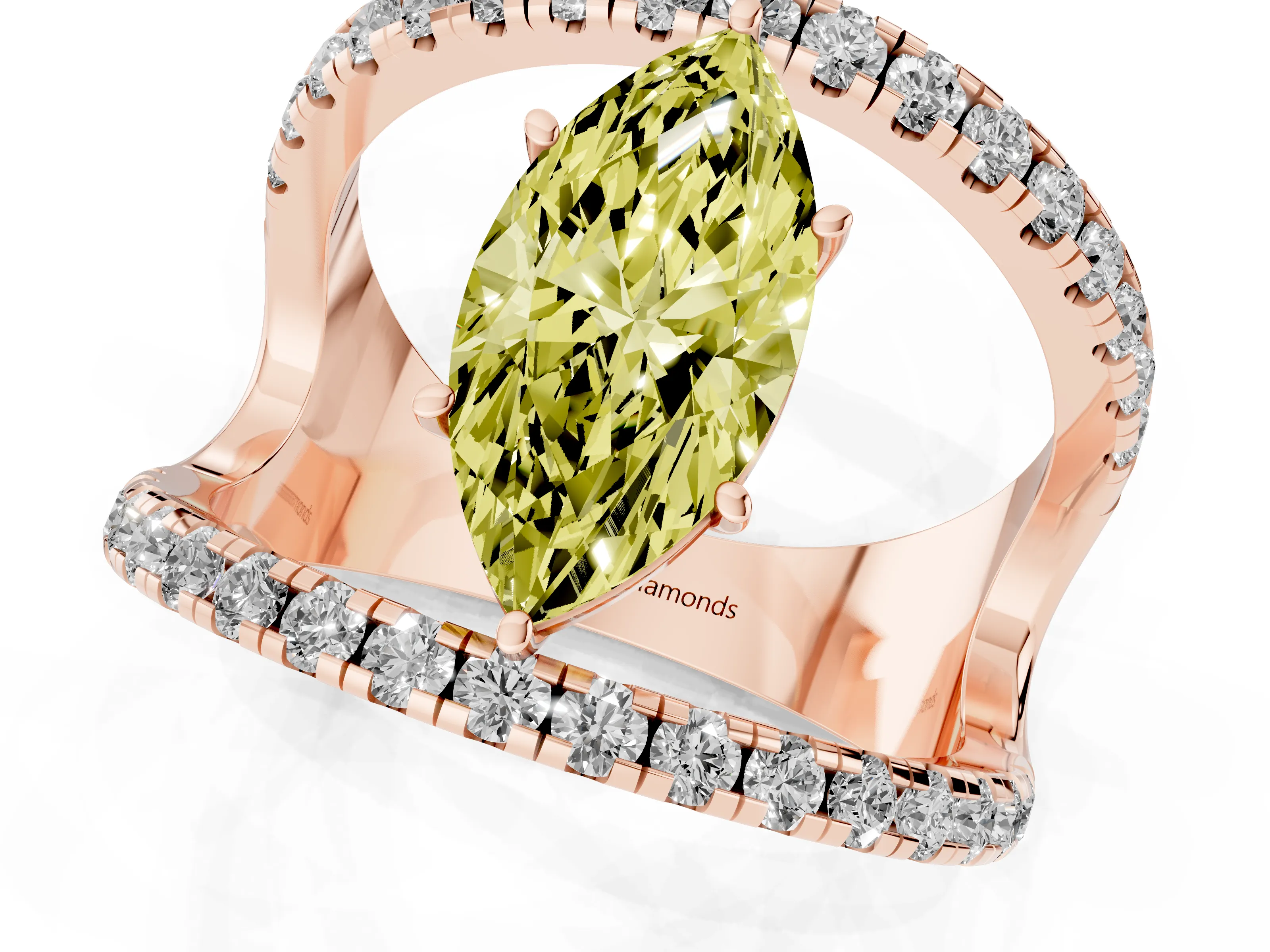 Fancy Yellow Marquise Cut Diamond Split Shank Pavé Solitaire Ring Set in Rose gold with Open Shank Design