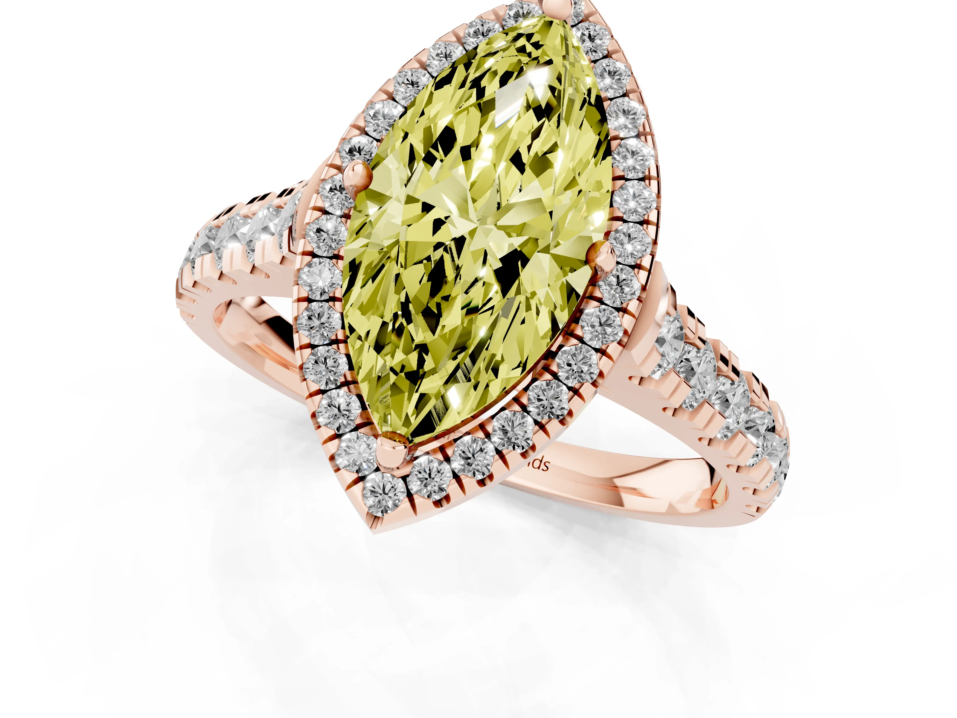 Fancy Yellow Marquise Cut Diamond Halo Engagement Ring Set in Rose gold with Pavé Band and Prong-Set Center