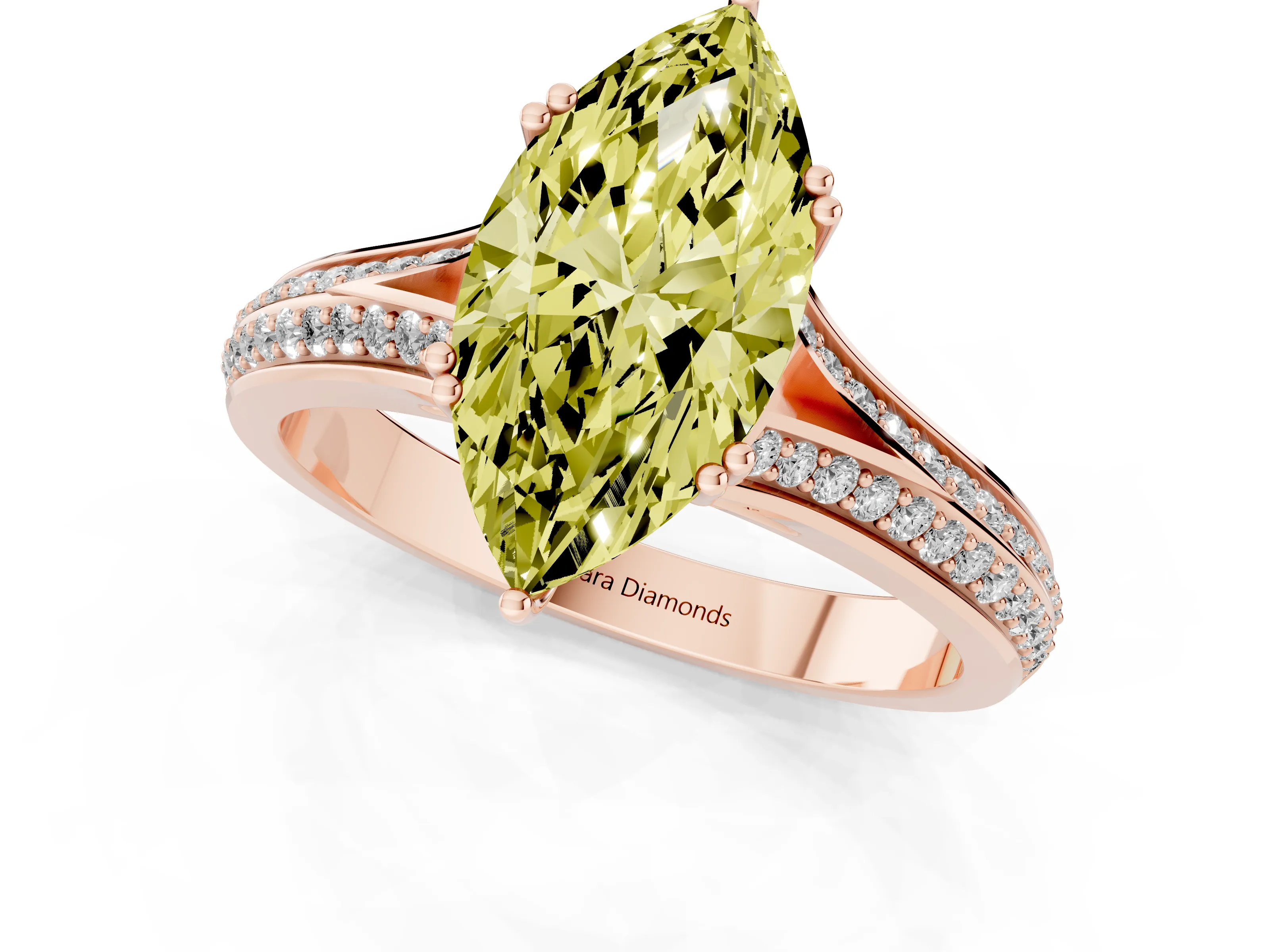 Fancy Yellow Marquise Cut Diamond Split Shank Pavé Engagement Ring Set in Rose gold with Prong-Set Center Stone