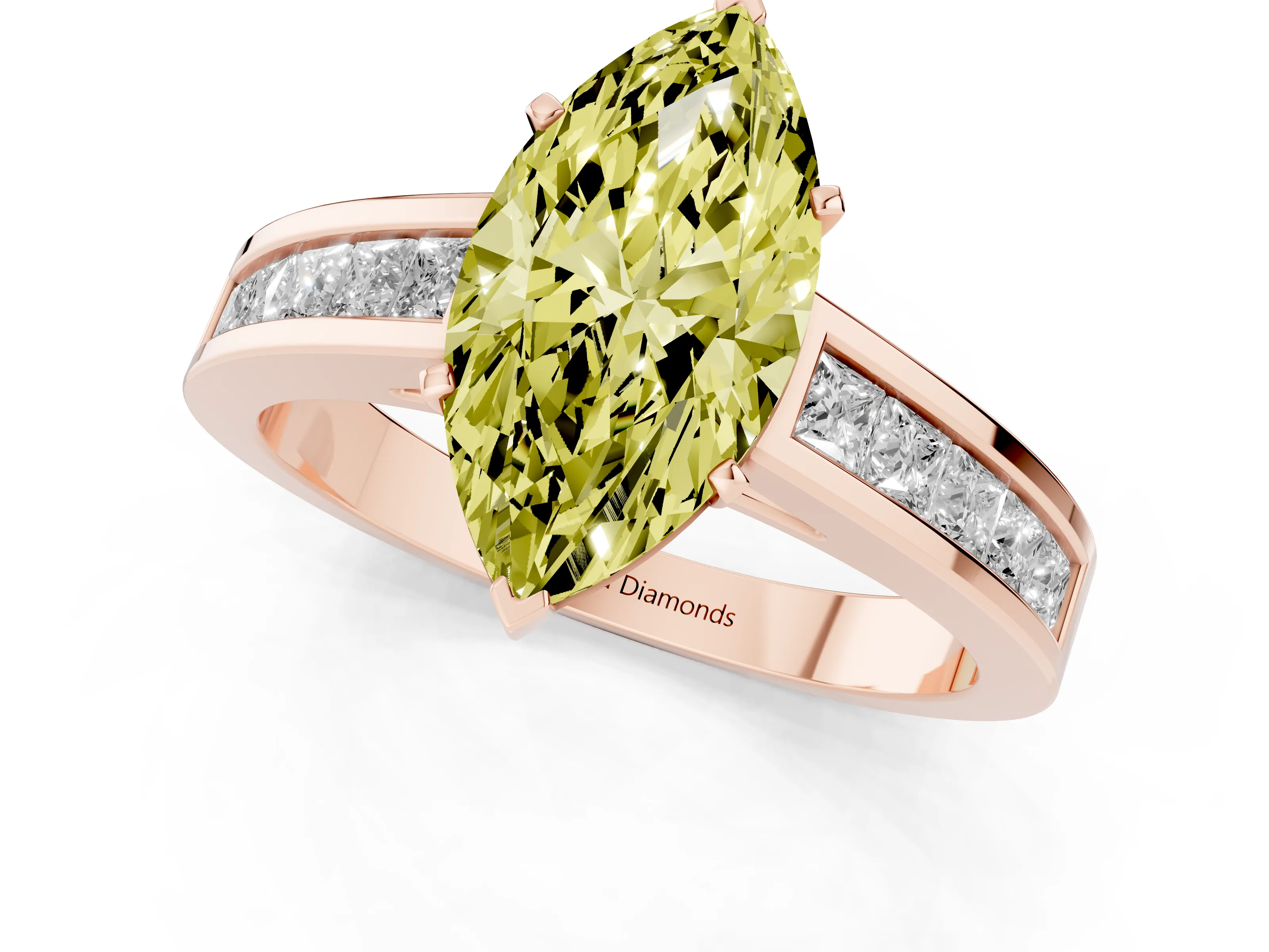 Fancy Yellow Marquise Cut Diamond Solitaire Ring Set in Rose gold with Channel-Set Band and Prong Setting