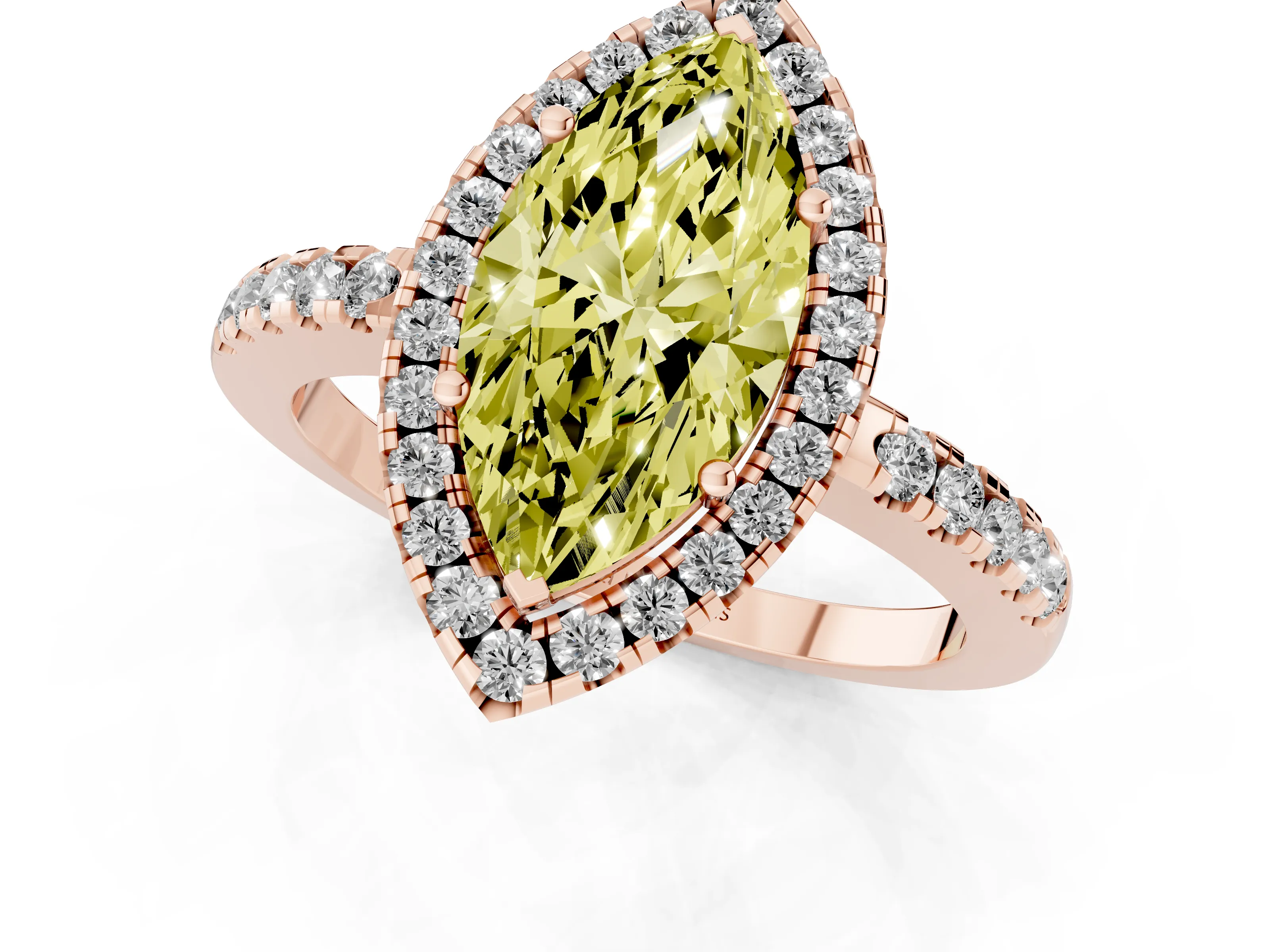 Fancy Yellow Marquise Cut Diamond Pavé Band Halo Engagement Ring Set in Rose gold with Prong Setting