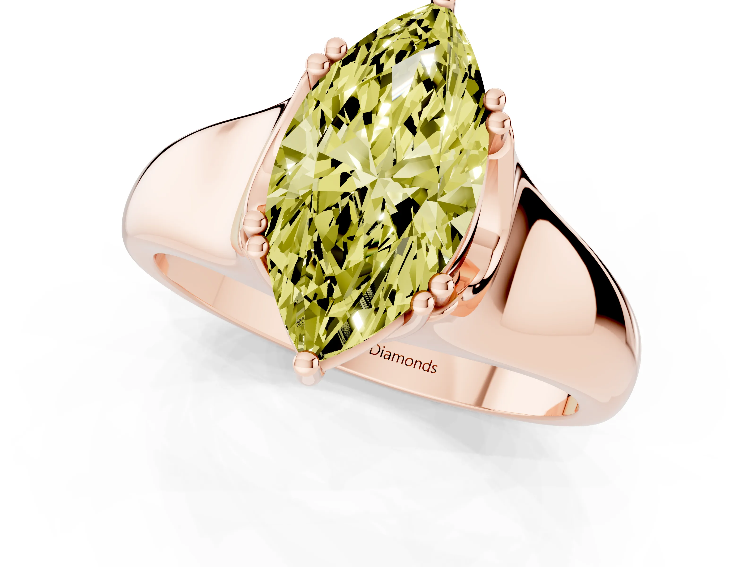 Fancy Yellow Marquise Cut Diamond Solitaire Ring Set in Rose gold with Wide Band and Prong Setting