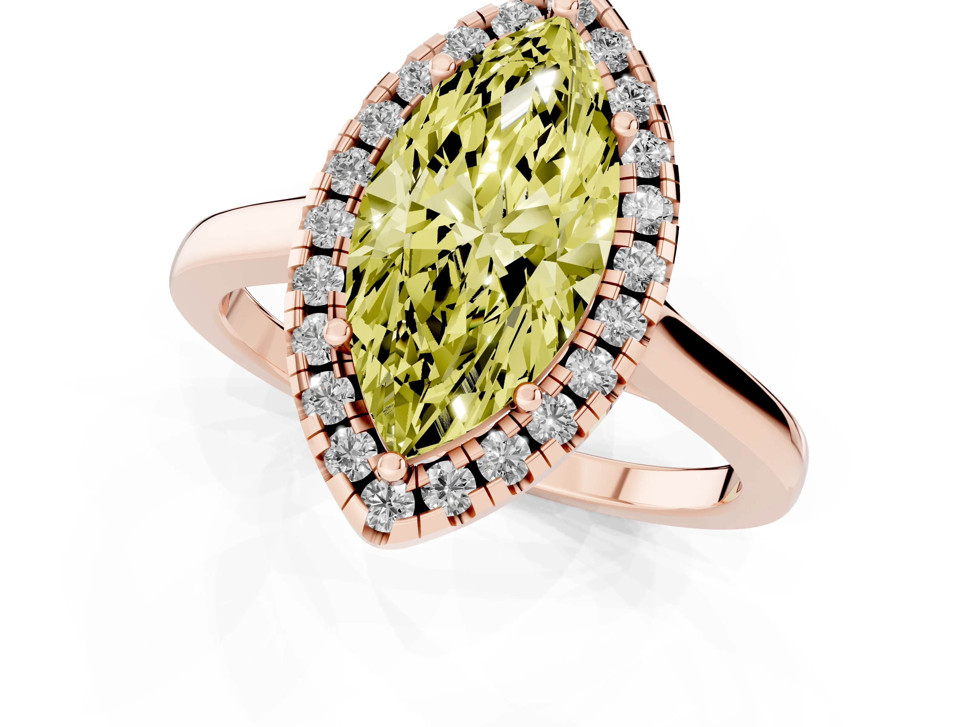 Fancy Yellow Marquise Cut Halo Round Diamond Solitaire Ring Set in Rose gold with Pavé Band and Prong Setting