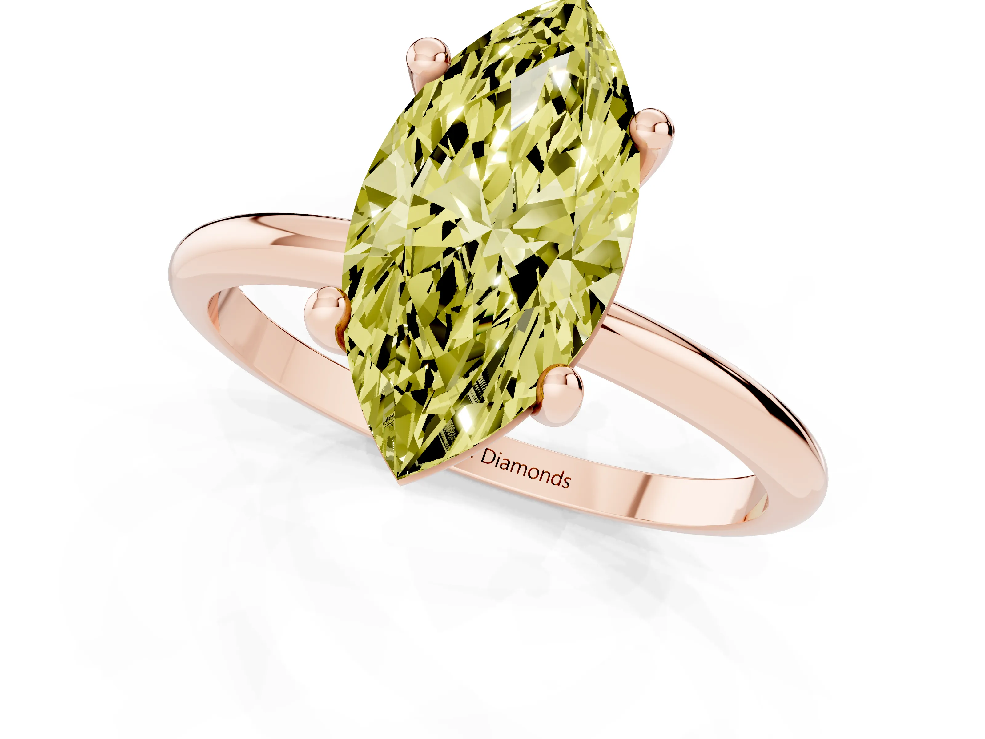Fancy Yellow Marquise Cut Diamond Solitaire Ring Set in Rose gold with Secure Prong Setting on a Classic Band