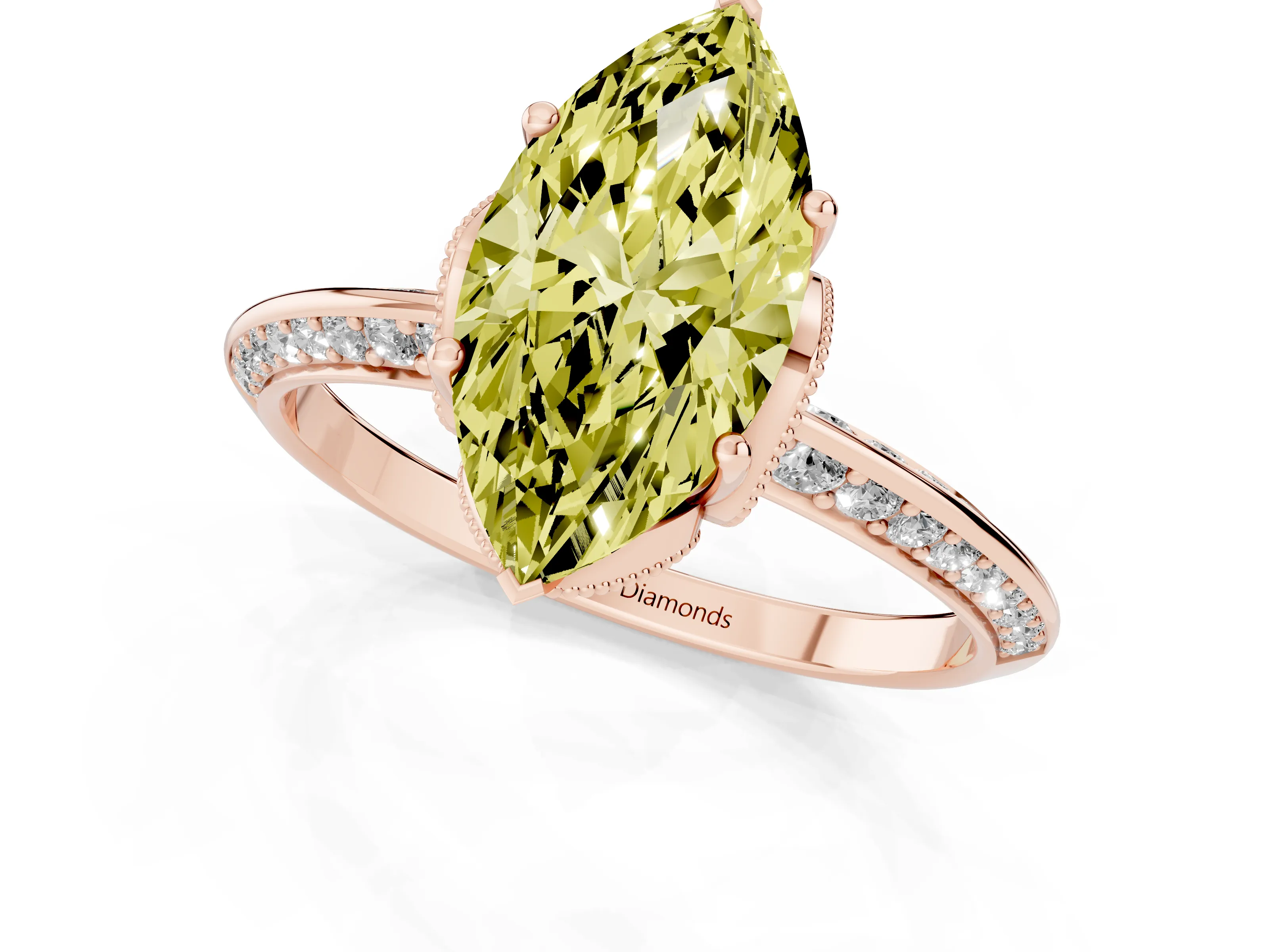 Fancy Yellow Marquise Cut Diamond Solitaire Engagement Ring Set in Rose gold with Pavé Split Shank and Prong Setting