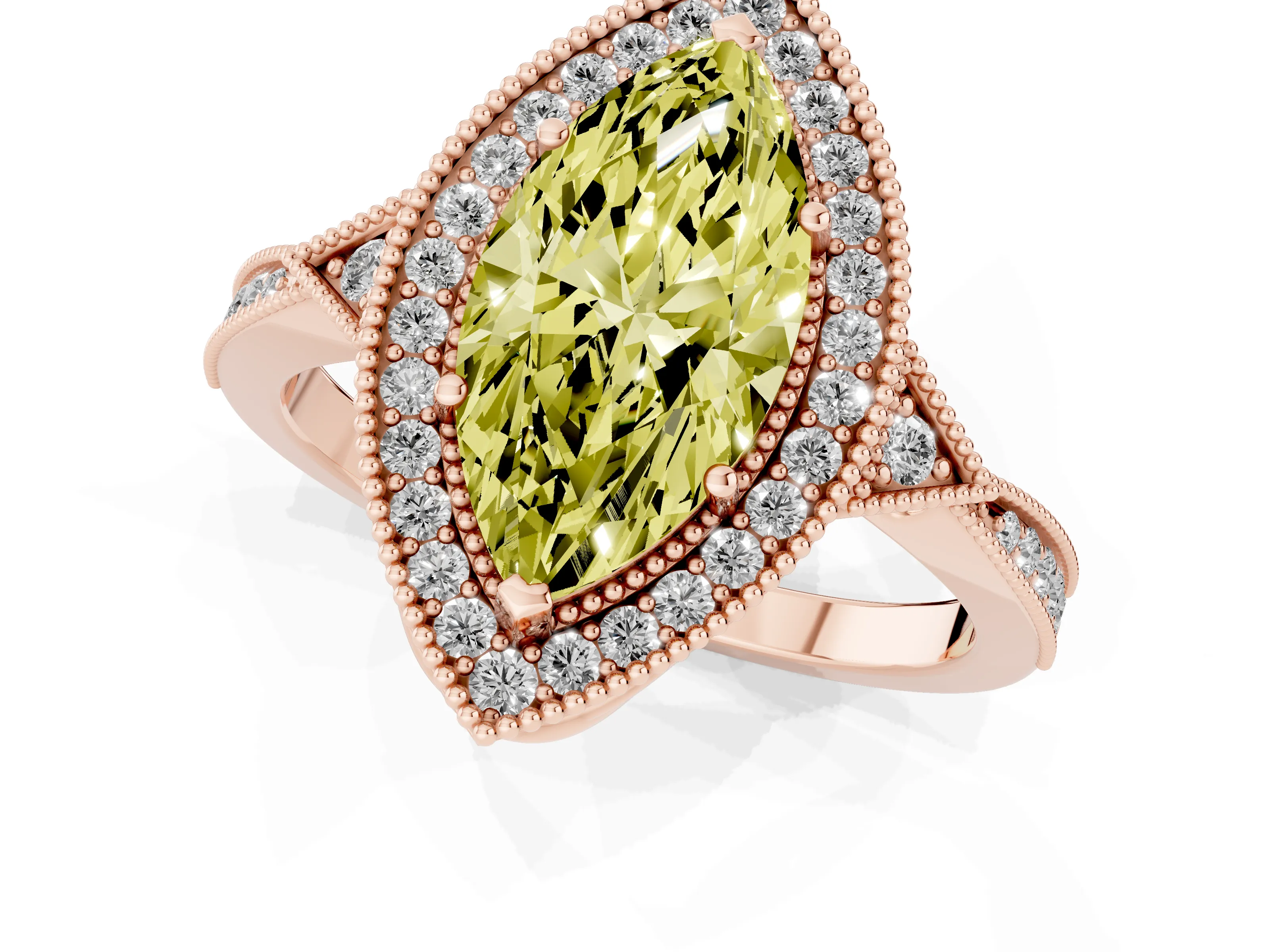 Fancy Yellow Marquise Cut Diamond Halo Engagement Ring Set in Rose gold with Milgrain Pavé Band