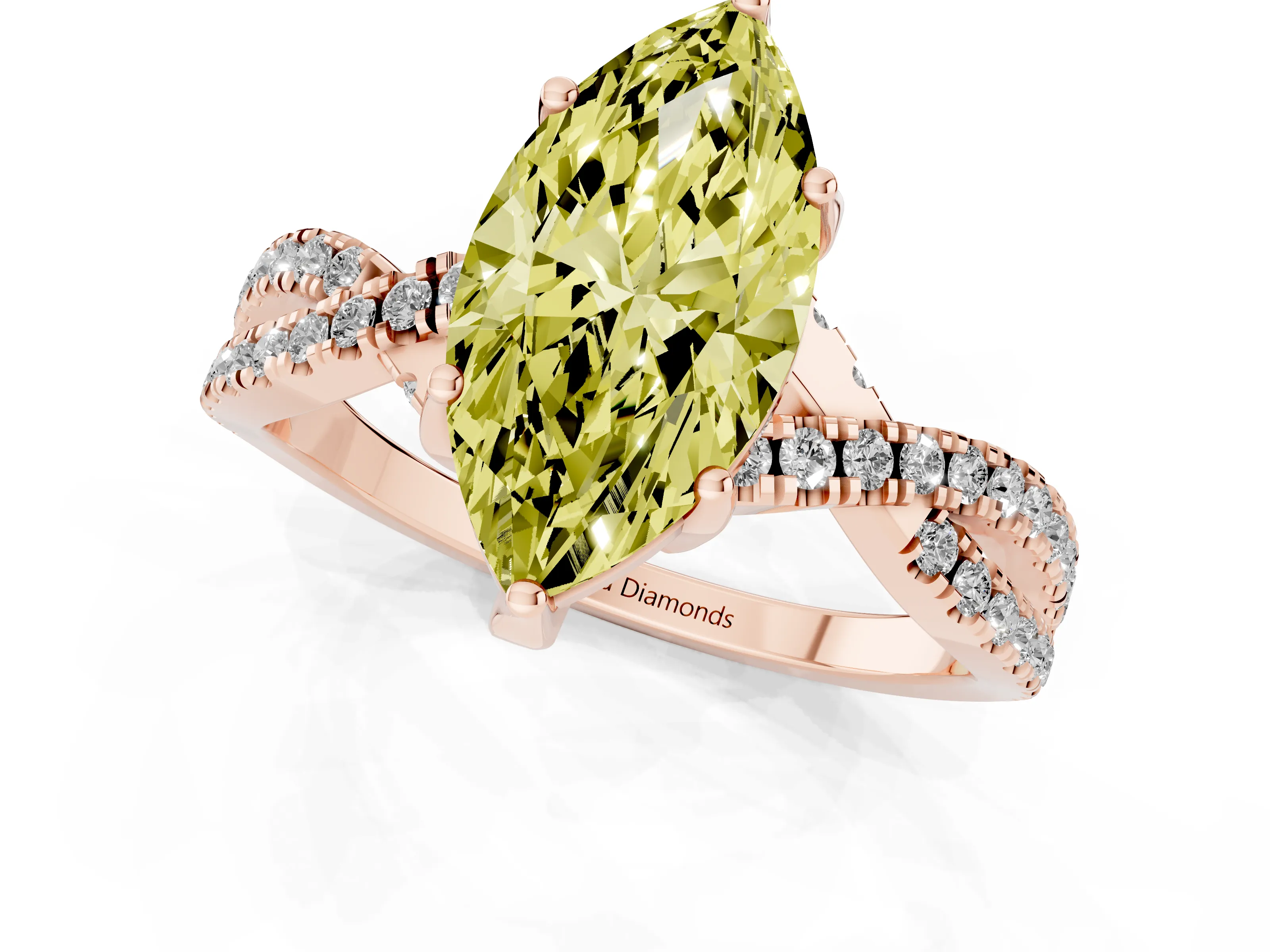 Fancy Yellow Marquise Cut Diamond Twist Pavé Solitaire Engagement Ring Set in Rose gold with Prong Setting