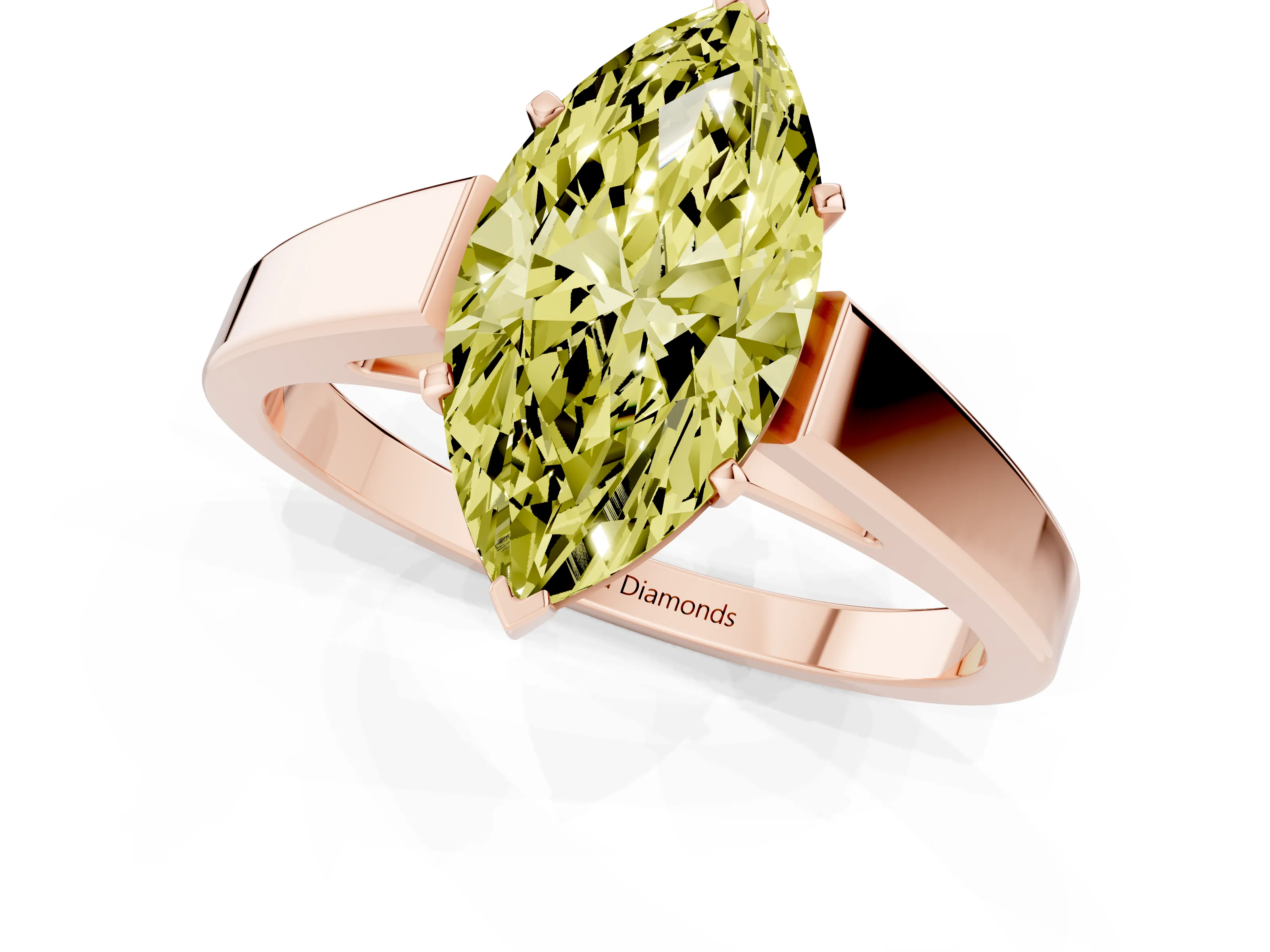 Fancy Yellow Marquise Cut Diamond Solitaire Engagement Ring Set in Rose gold with Prong Setting and Tapered Band