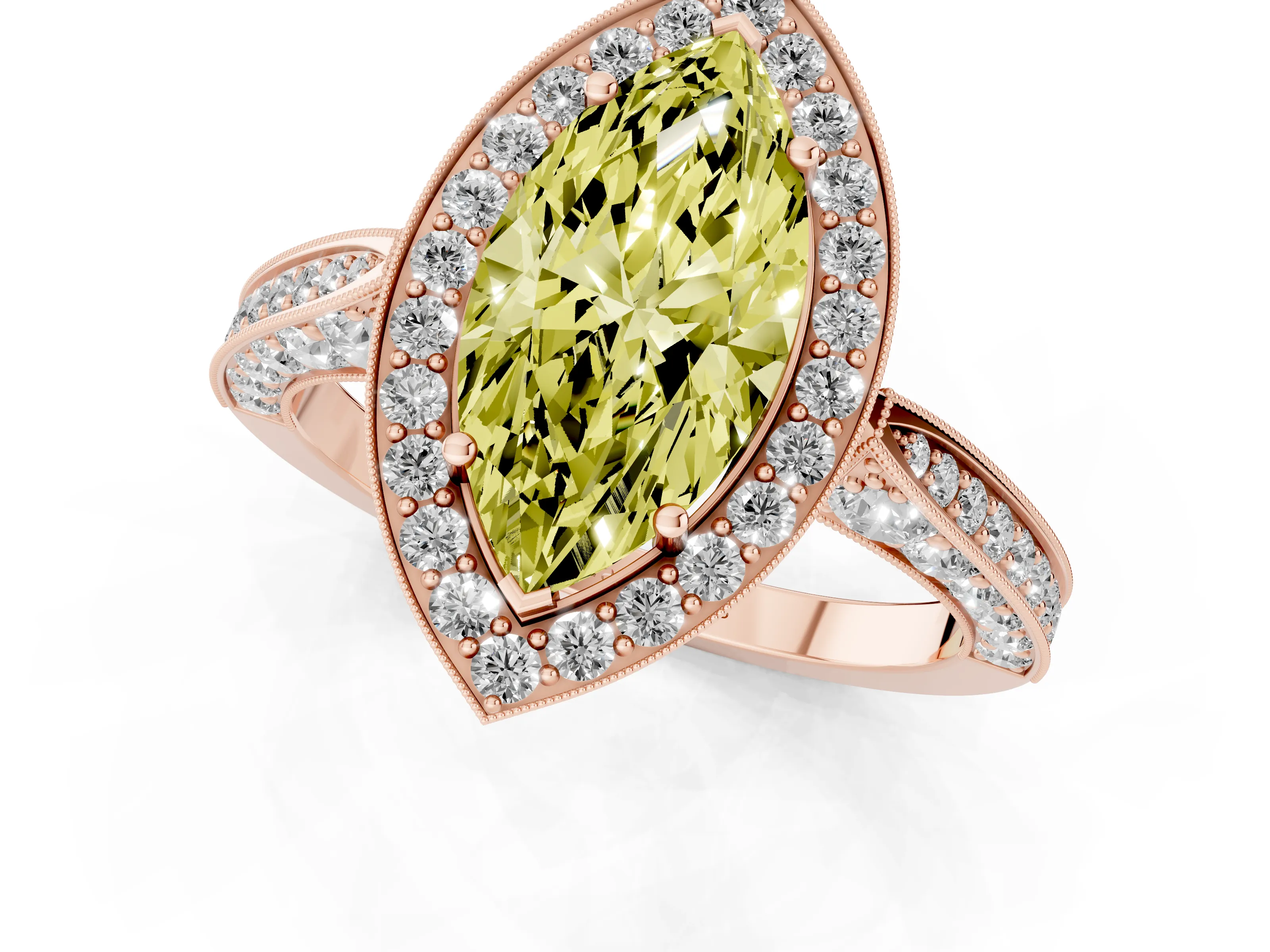 Fancy Yellow Marquise Cut Diamond Halo Engagement Ring Set in Rose gold with Accent Split Shank Band