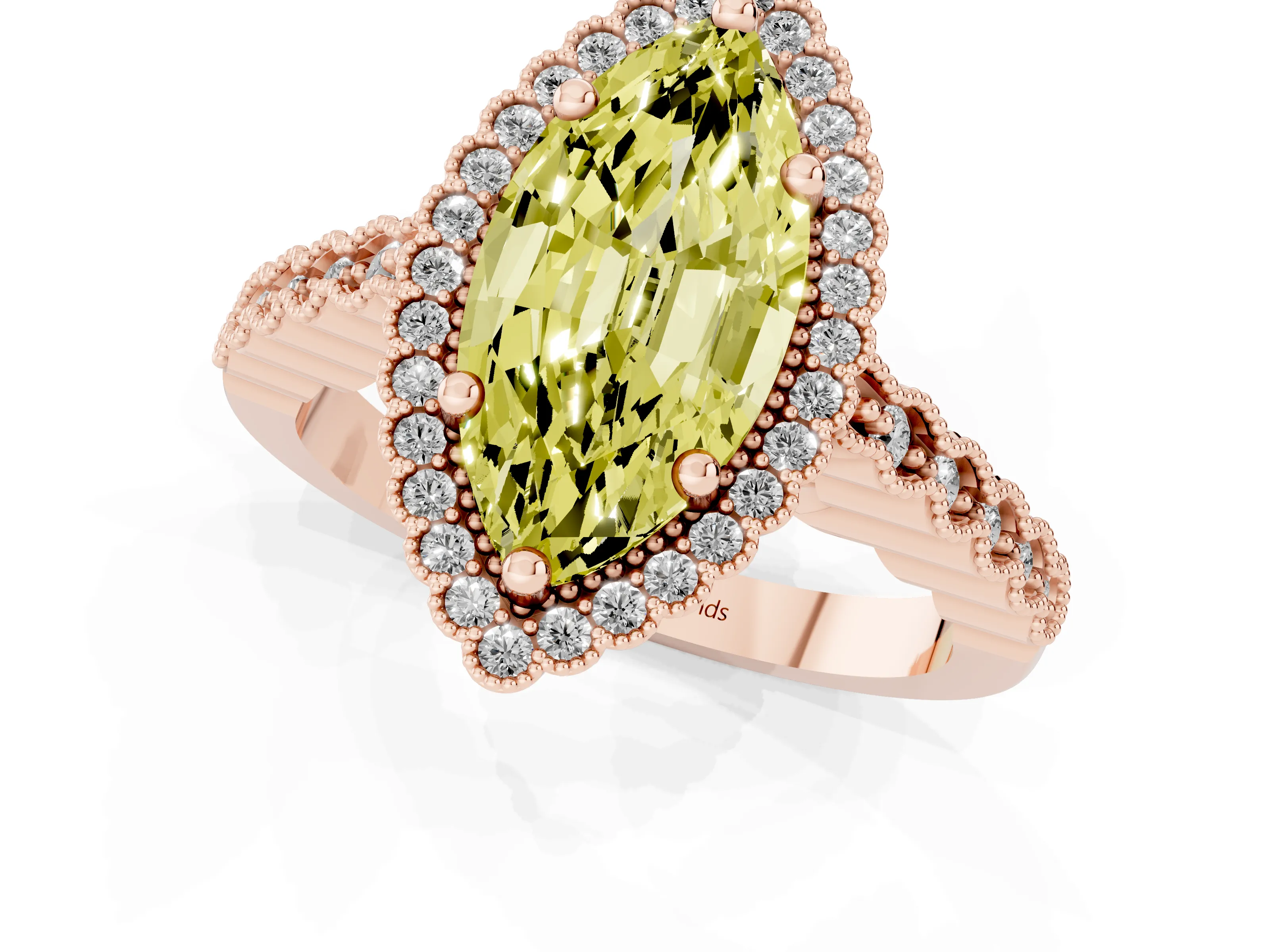 Fancy Yellow Marquise Cut Diamond Halo Ring Set in Rose gold with Pavé Milgrain Band