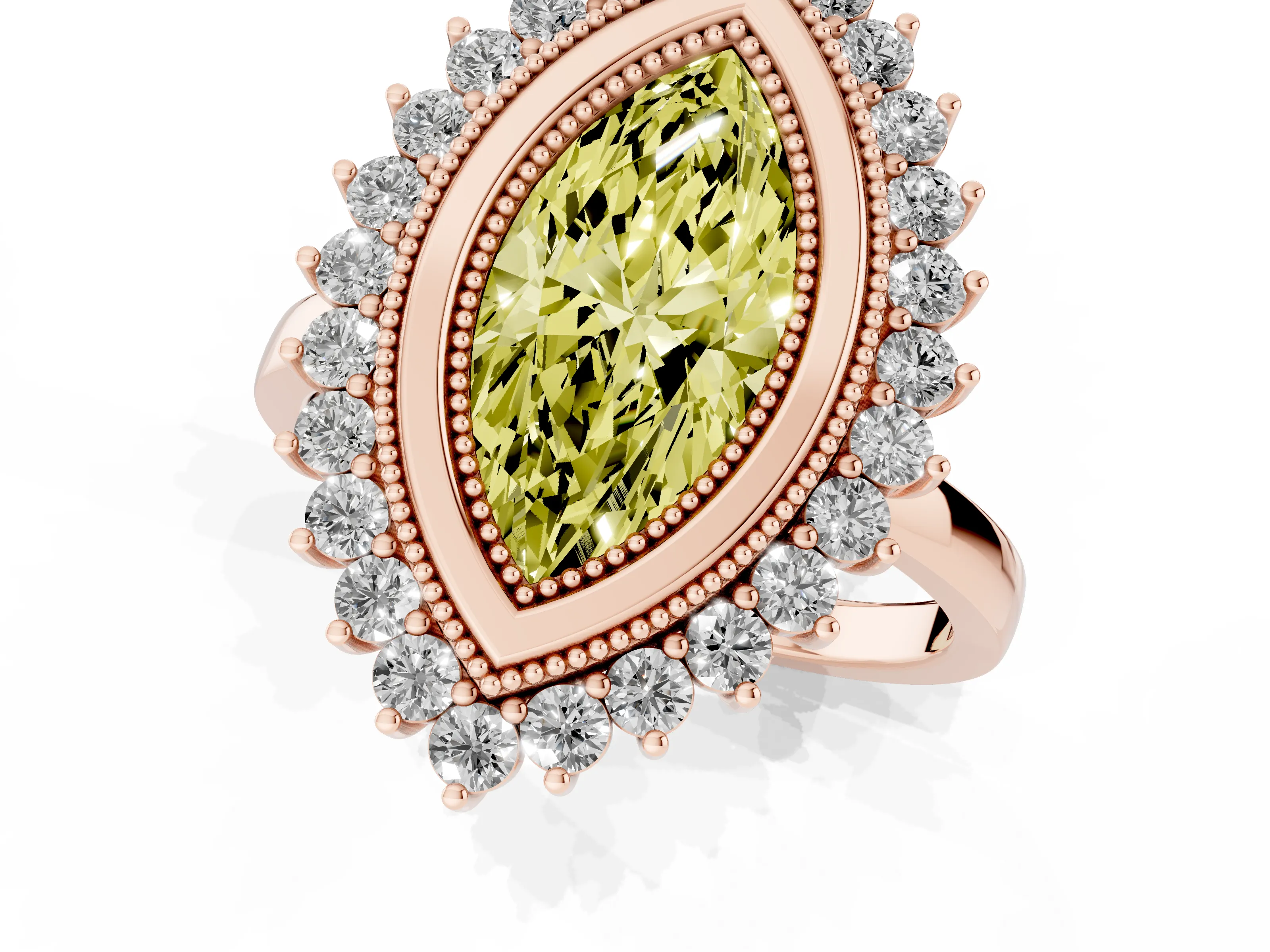 Fancy Yellow Marquise Cut Diamond Halo Ring Set in Rose gold with Milgrain Edge and Round Prong Setting