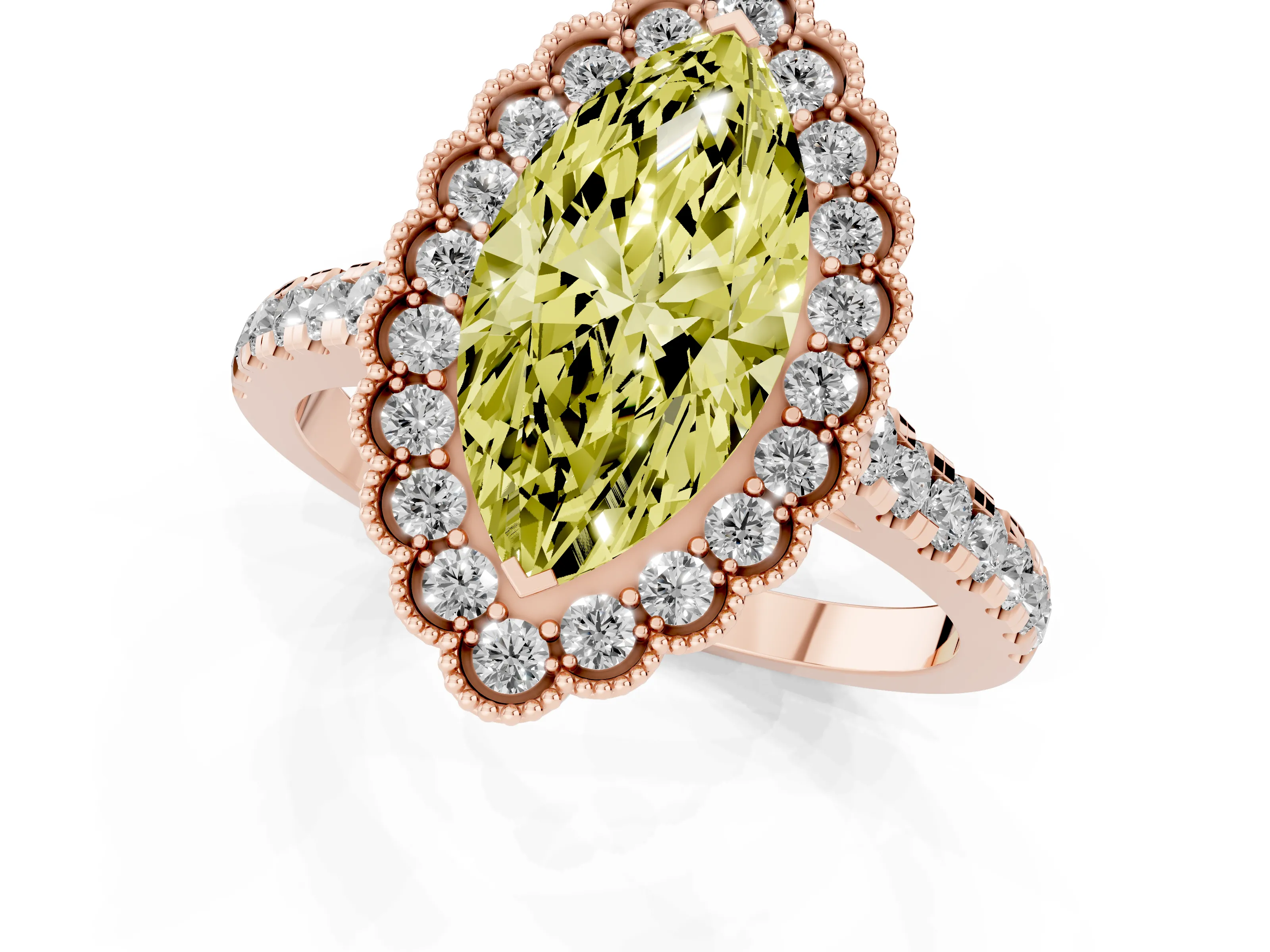 Fancy Yellow Marquise Cut Diamond Milgrain Floral Halo Engagement Ring Set in Rose gold with Pavé Band