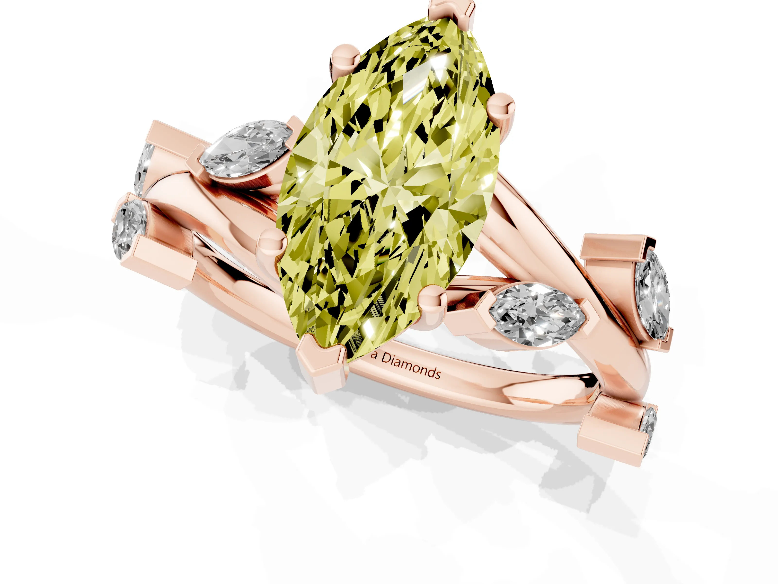 Fancy Yellow Marquise Cut Diamond Solitaire Ring Set in Rose gold with Twisted Marquise Accent Band