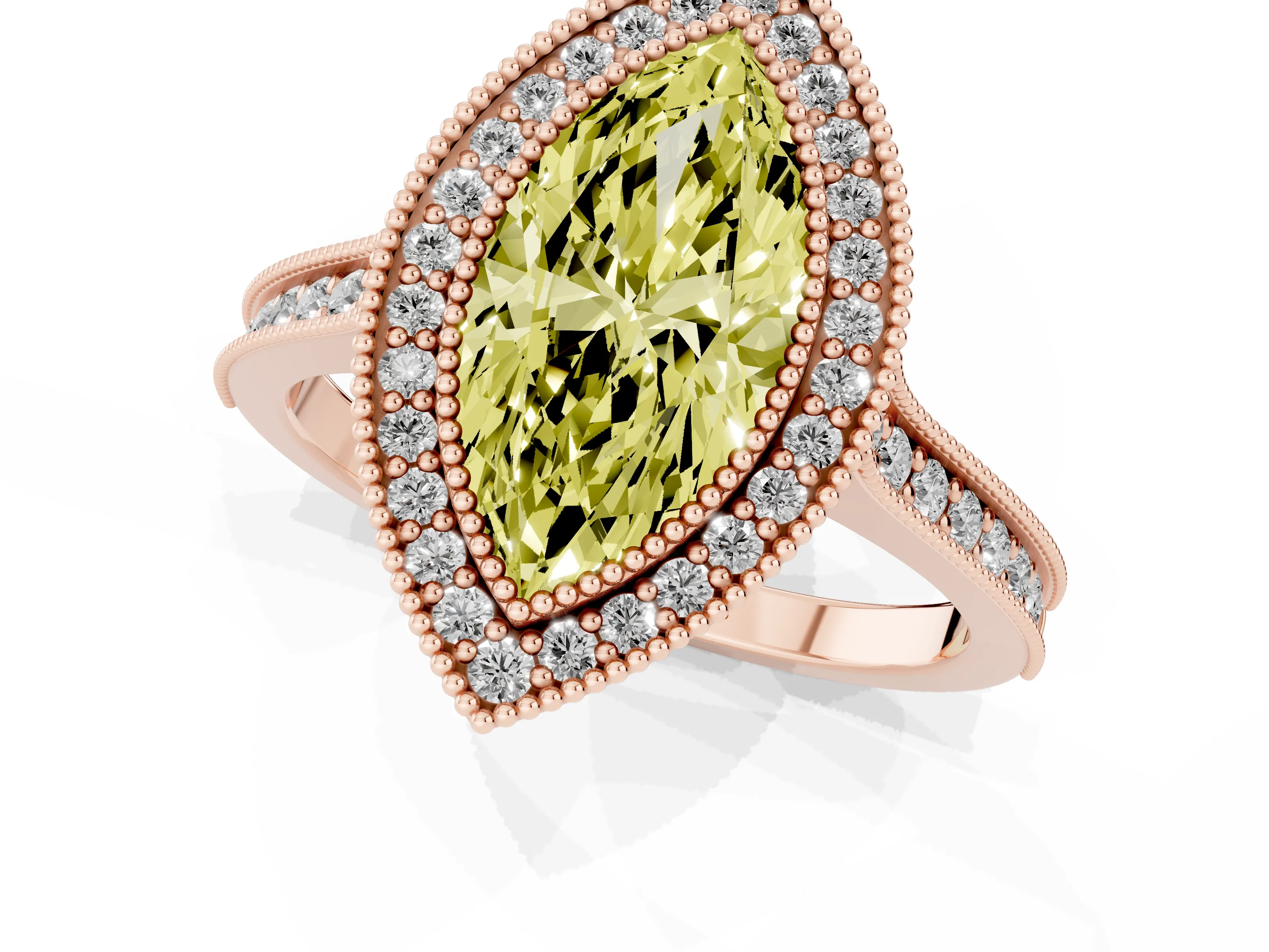 Fancy Yellow Marquise Cut Diamond Halo Milgrain Pavé Band Ring Set in Rose gold with Prong Setting
