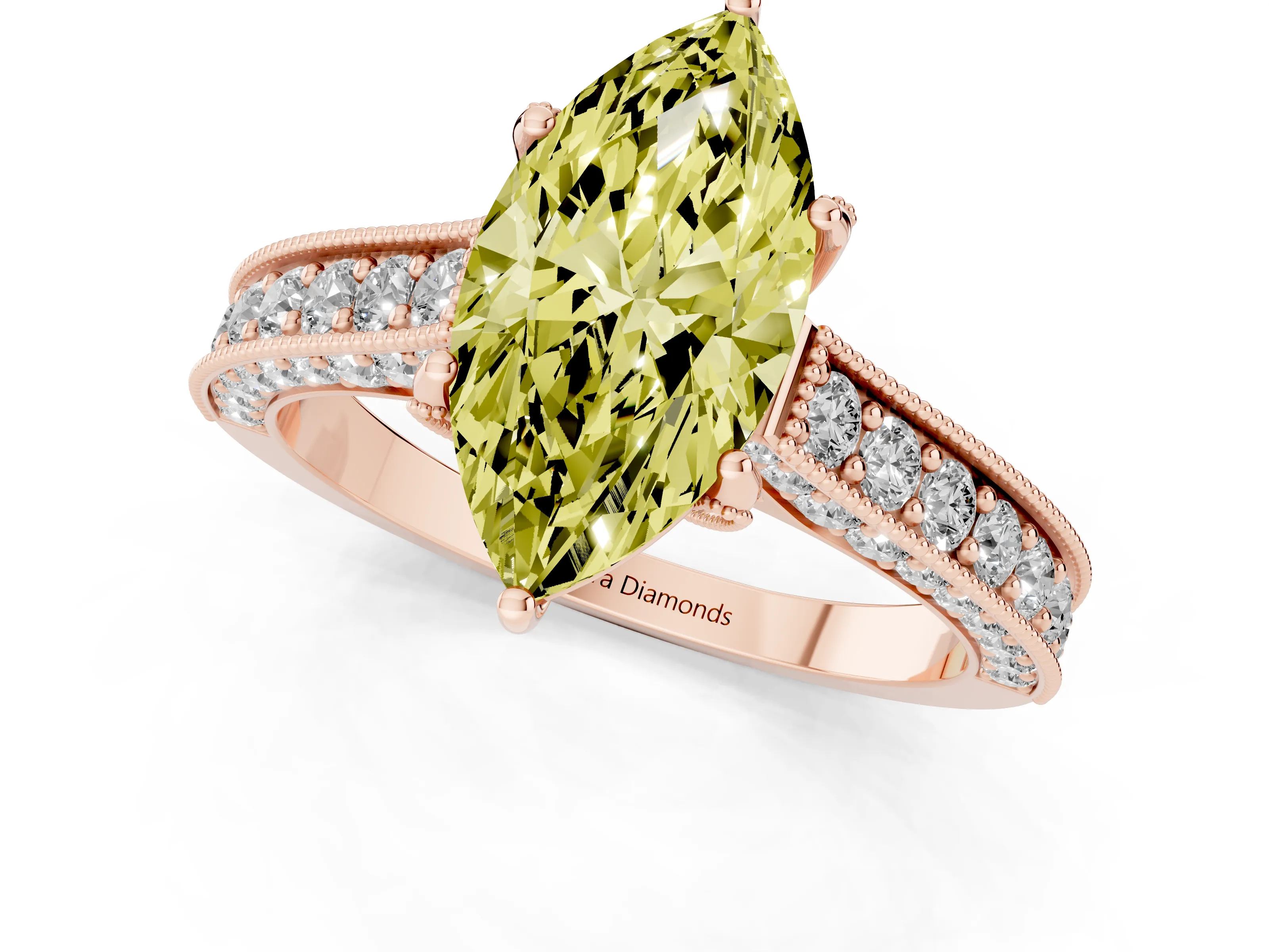 Fancy Yellow Marquise Cut Diamond Solitaire Ring Set in Rose gold with Milgrain-Edged Pavé Band and Prong Setting