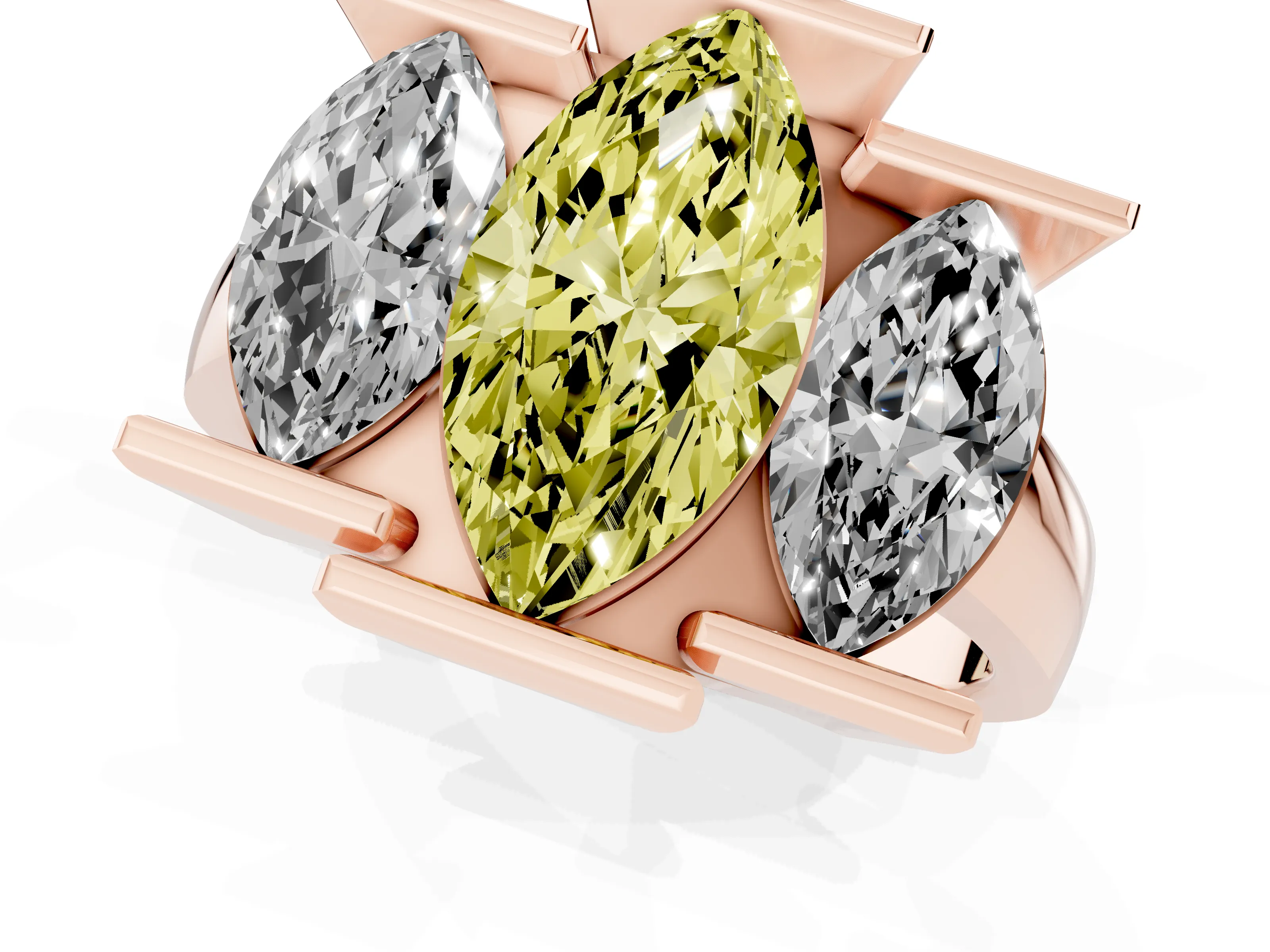 Fancy Yellow Marquise Cut Diamond Three-Stone Channel Set Ring Set in Rose gold with Smooth Polished Band