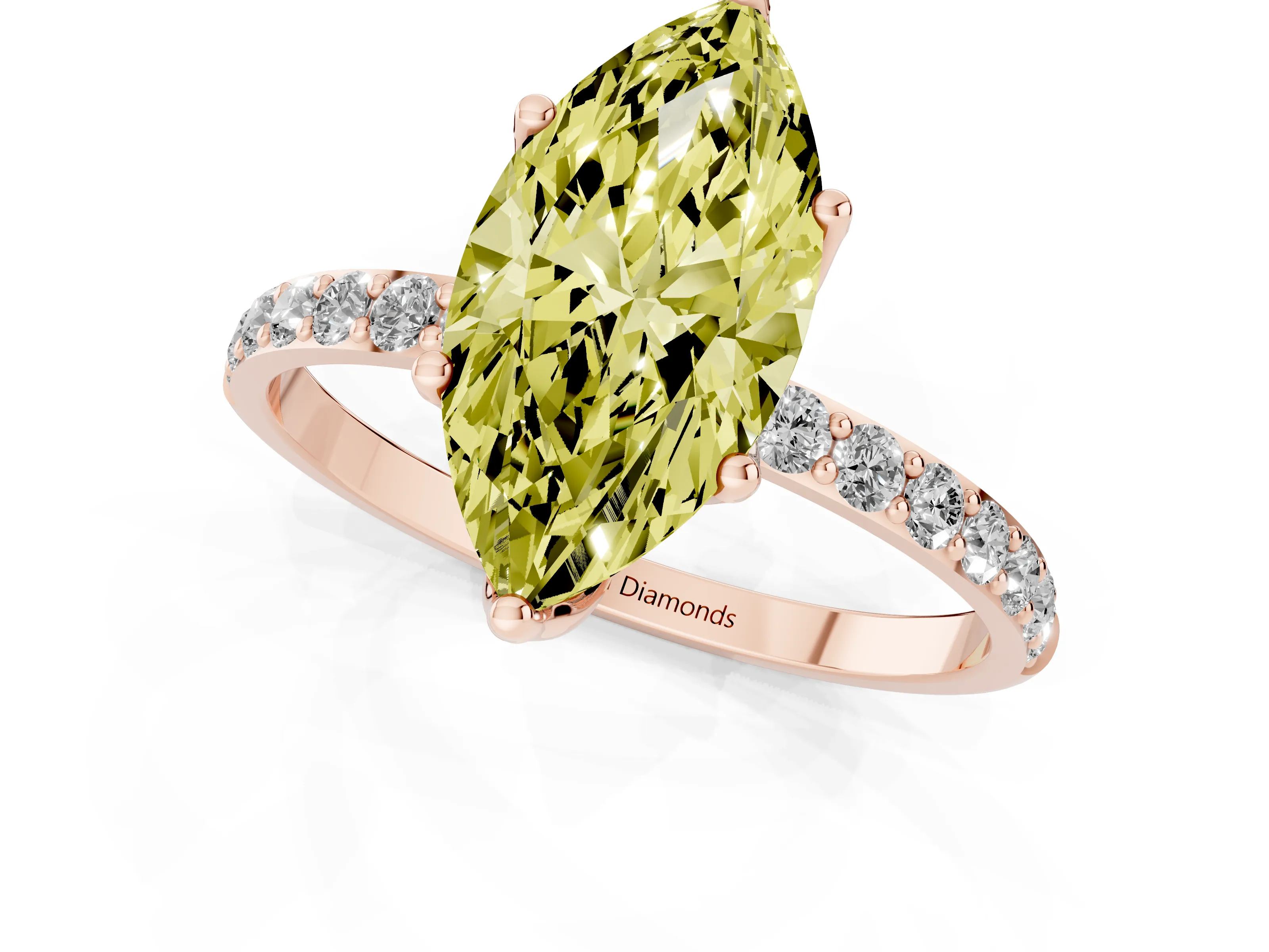 Fancy Yellow Marquise Cut Diamond Solitaire Engagement Ring Set in Rose gold with Round Pavé Band and Prong Setting