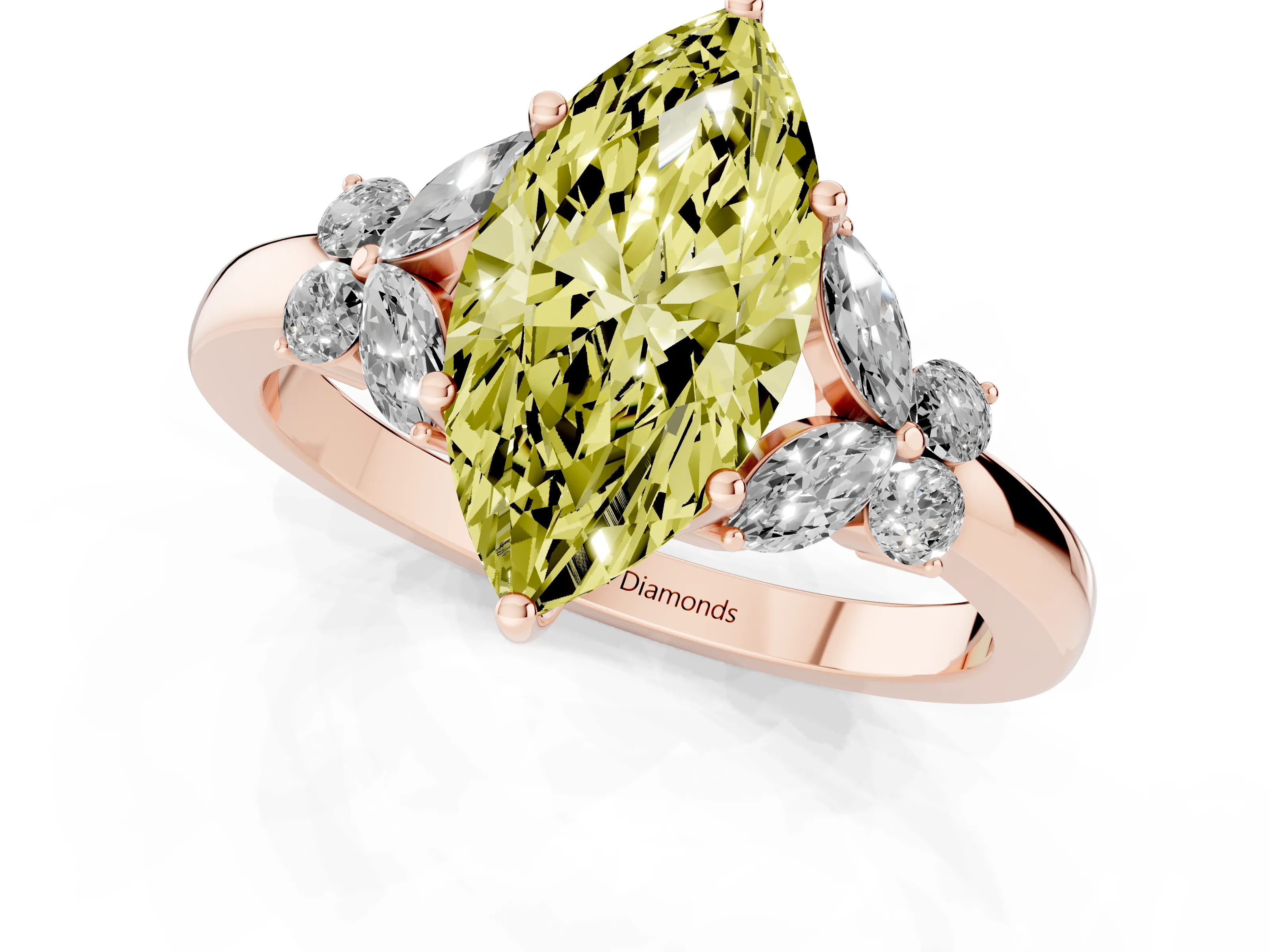 Fancy Yellow Marquise Cut Diamond Solitaire Floral Ring Set in Rose gold with Marquise Petals and Prong Setting