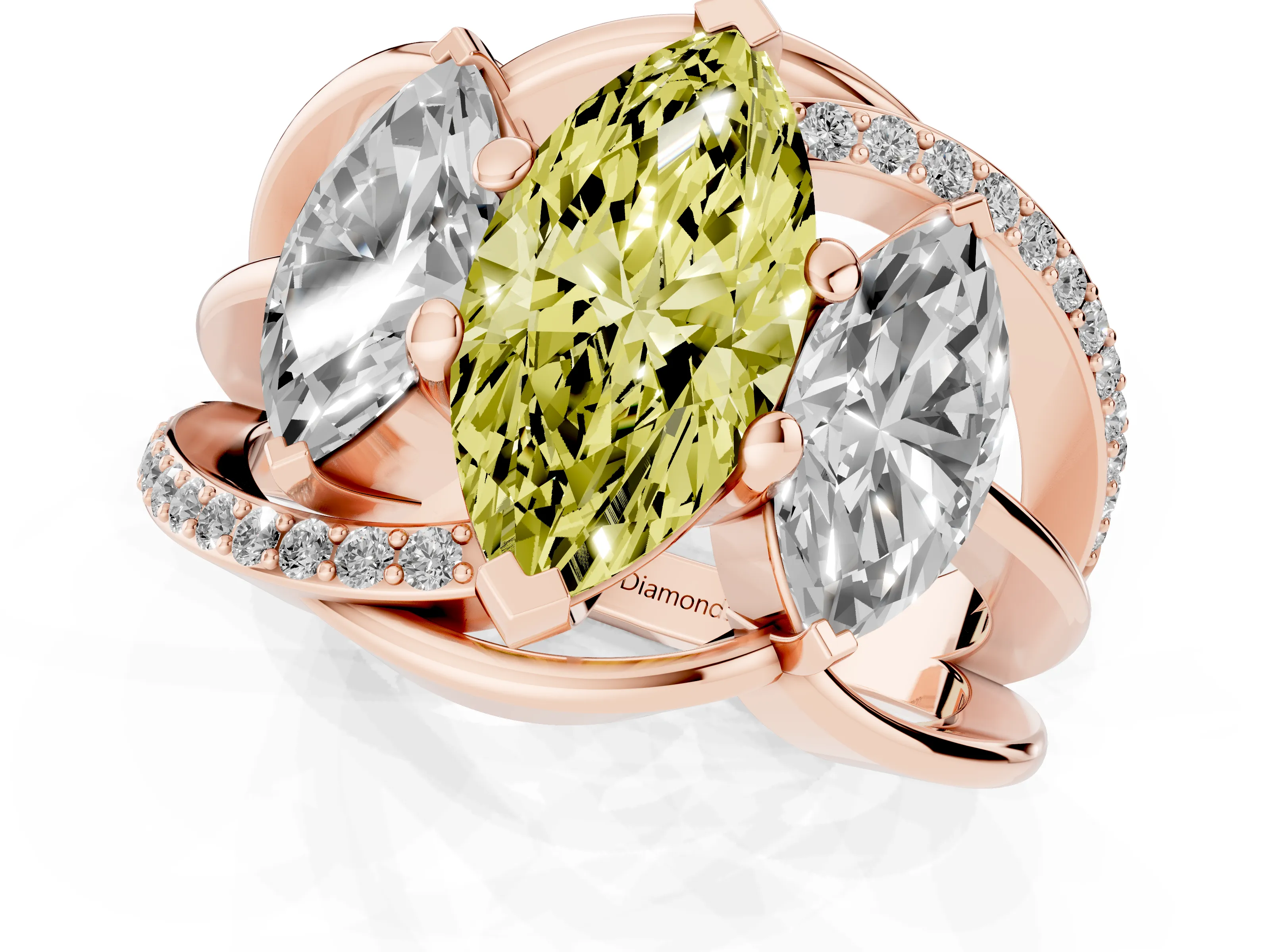 Fancy Yellow Marquise Cut Diamond Three-Stone Ring Set in Rose gold with Split Shank and Prong Setting